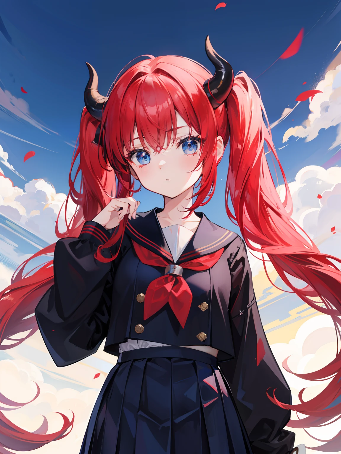 red hair, blue eyes, twintails, Sailor suit,black coat, Pleated skirt,solo,loli,cute,bow,Dragon horns