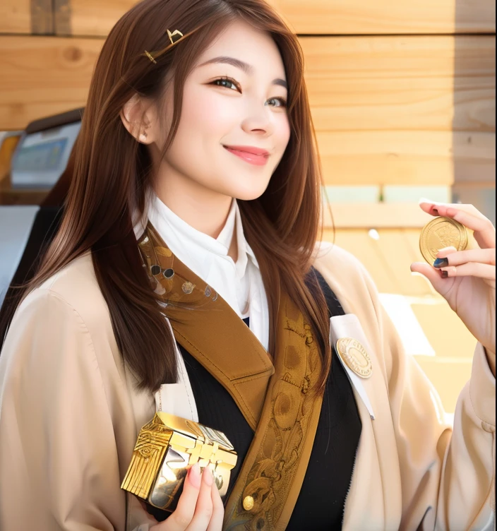 Smiling woman with brown hair holding coin and small box