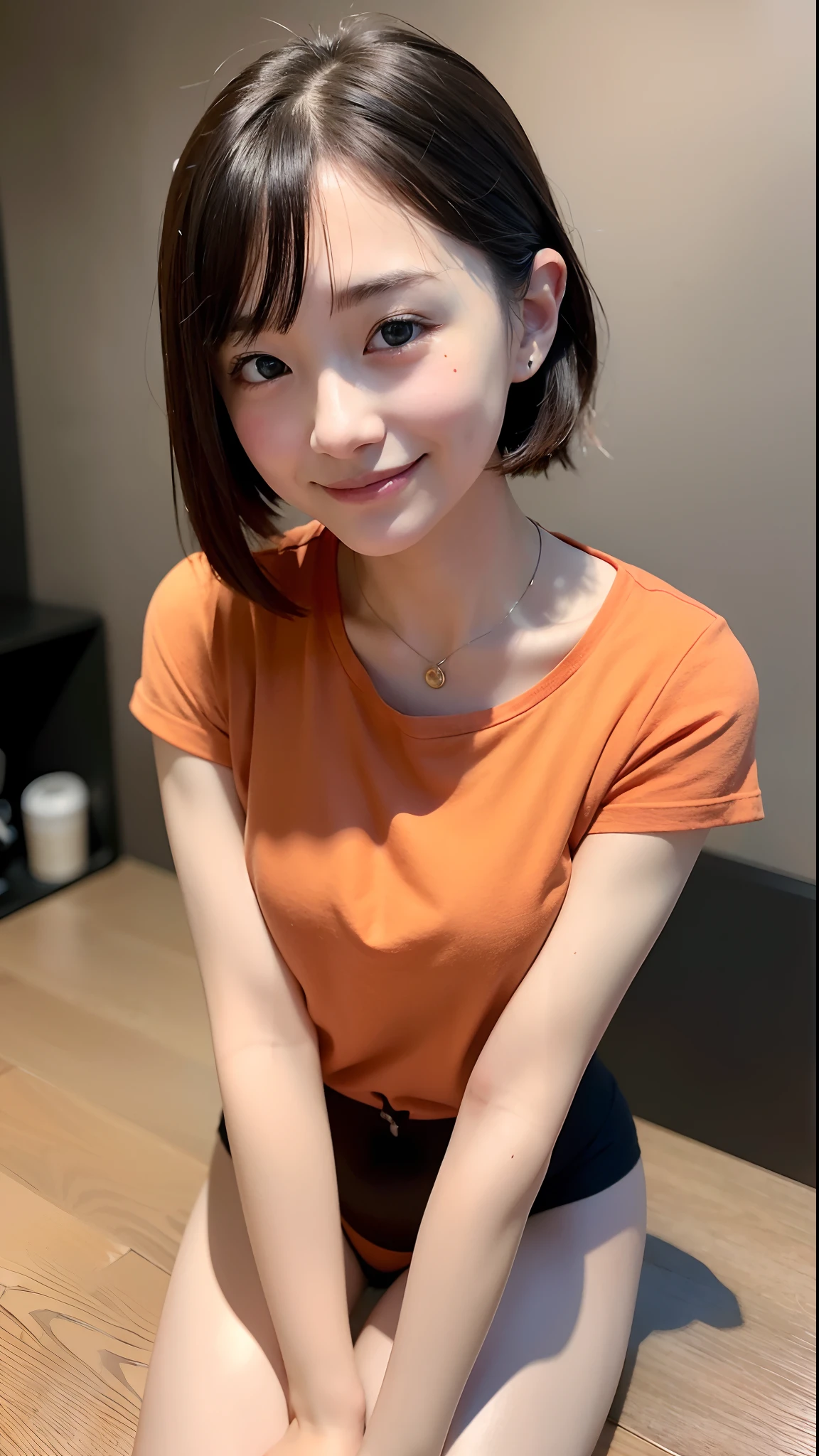 (top-quality、8K、32K、masuter piece、nffsw:1.2)、Cute Japan Girl、女の子1人、short-hair、profile、(Split abs、slim figure:1.2)、(s lips) 、(Black hair)、二重まぶた、shinny skin、Realistic rays、mare、beauitful face、(A smile:1.3)、crouching down、(From above:1.2)、(a closeup:1.4)、shores、Orange T-shirt、blurry backround、(Front Focus)、(Dark: 1.6)、Fantasy Art、photoRealstic、Professional Lighting、extra detailed face、Award-winning、deep-shadows、