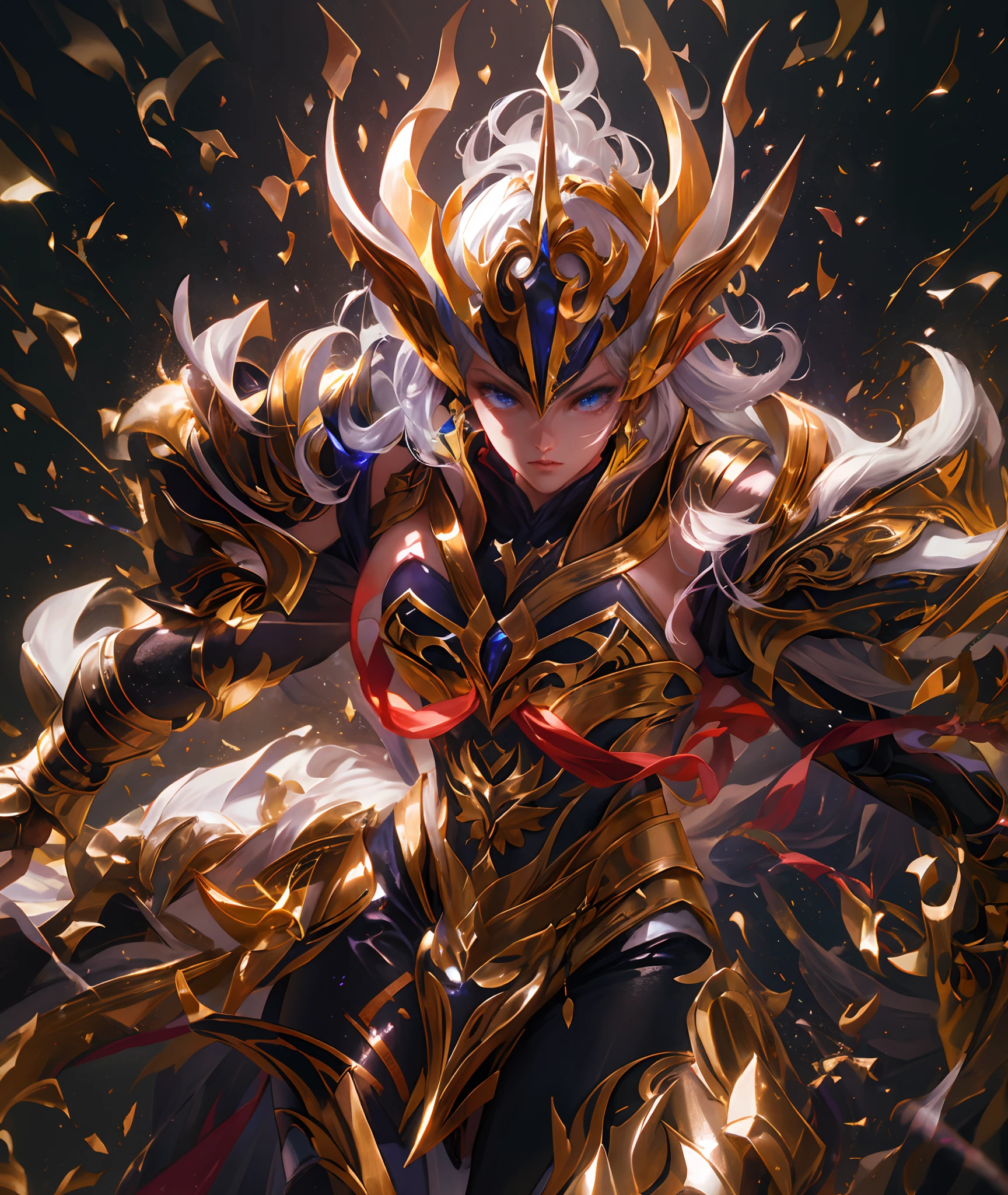 Ultra-high saturation,(tmasterpiece), fully body photo,(best qualtiy), (1girll), starryskybackground,Wearing shiny gold armor, Sexy lingerie type armor,Expose your chest,Expose the waistline,Exposing thighs,cool-pose, Saint Seiya Armor, messy hair,high detal, Anime style, Cinematic lighting, Sparkle, god light, Ray traching, filmgrain, hyper HD, textureskin, super detailing, Anatomical correct, A high resolution,Ultra-high saturation,hight contrast,High-gloss armor,Smooth skin,Serious expressions,Dark room,