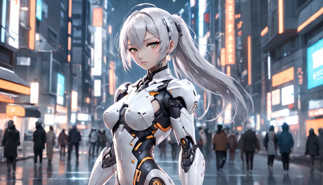 a woman in a futuristic suit posing in a city, cute cyborg girl, beutiful white girl cyborg, girl in mecha cyber armor, scifi woman, wlop. scifi, beutiful girl cyborg, cyborg girl, cyborg - girl with silver hair, sci-fi female, cyberpunk anime girl mech, perfect anime cyborg woman, perfect android girl, sci-fi android female