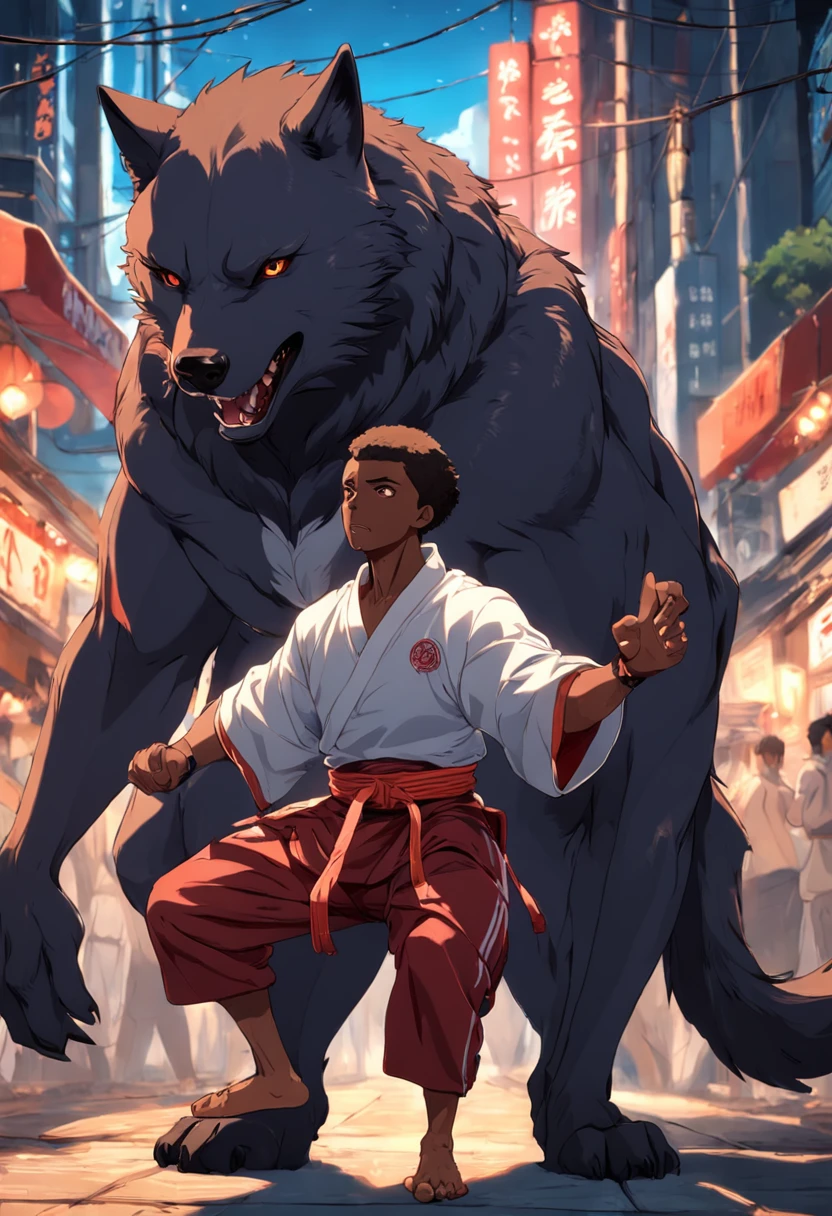 Black man with low haircut Social red cord of Capoeira with wolf characteristics