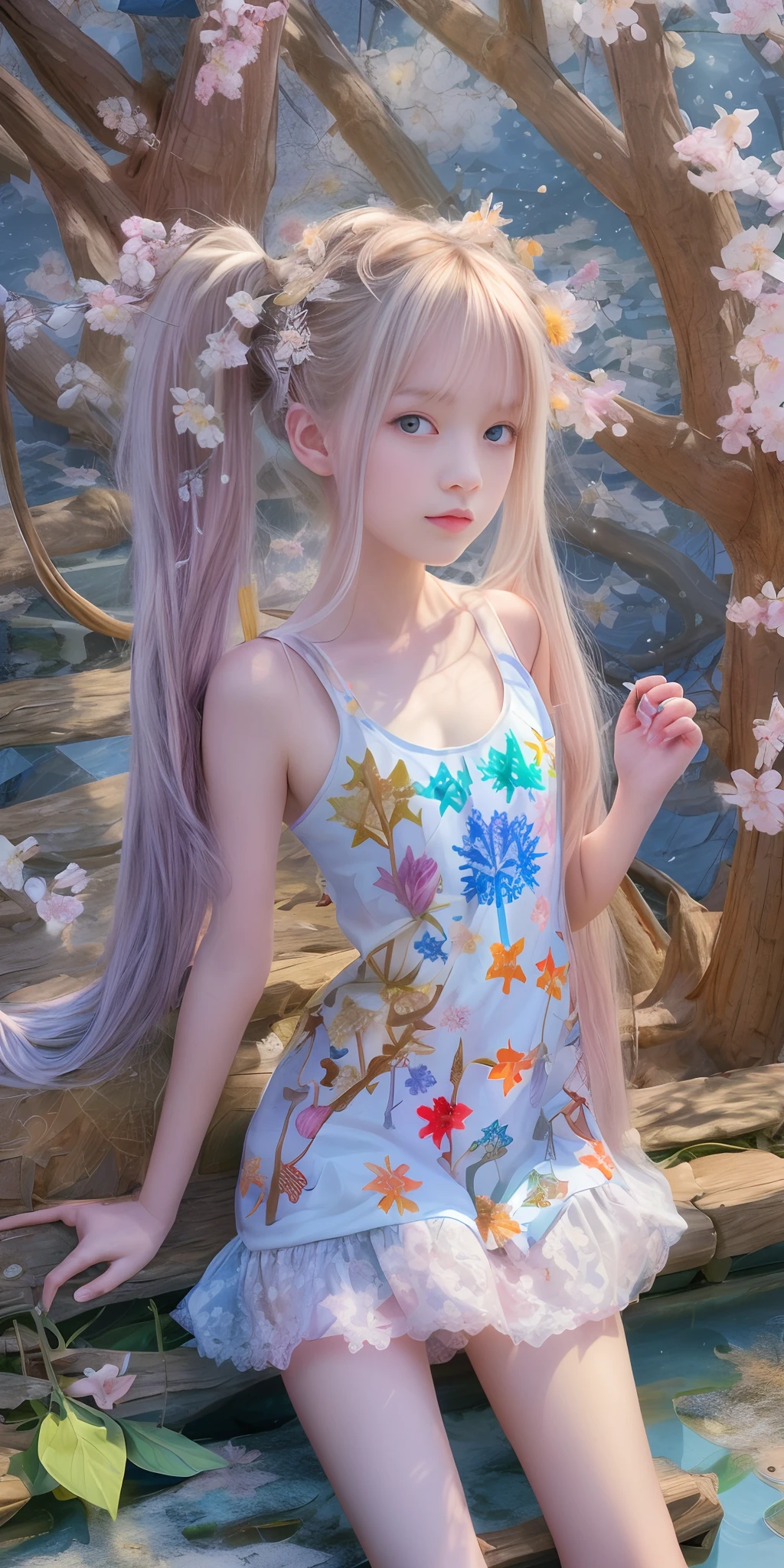 ((masterpiece:1.4, best quality))+, (ultra detailed)+,1girl, (**li:1.4),silver hair, twintails,very long hair,  blue eyes, flat chest, (Geometric Seasons, seasonal patterns, (spring blossoms:1.2), (Milky Way:1.05), (autumn leaves:0.95),(beautiful snowflakes:1.2), geometric landscapes, natural cycles, weather-inspired designs, color palettes:1.5), (rainbow, firework, beautiful butterfly:1.3), (beige:1.4), f/16