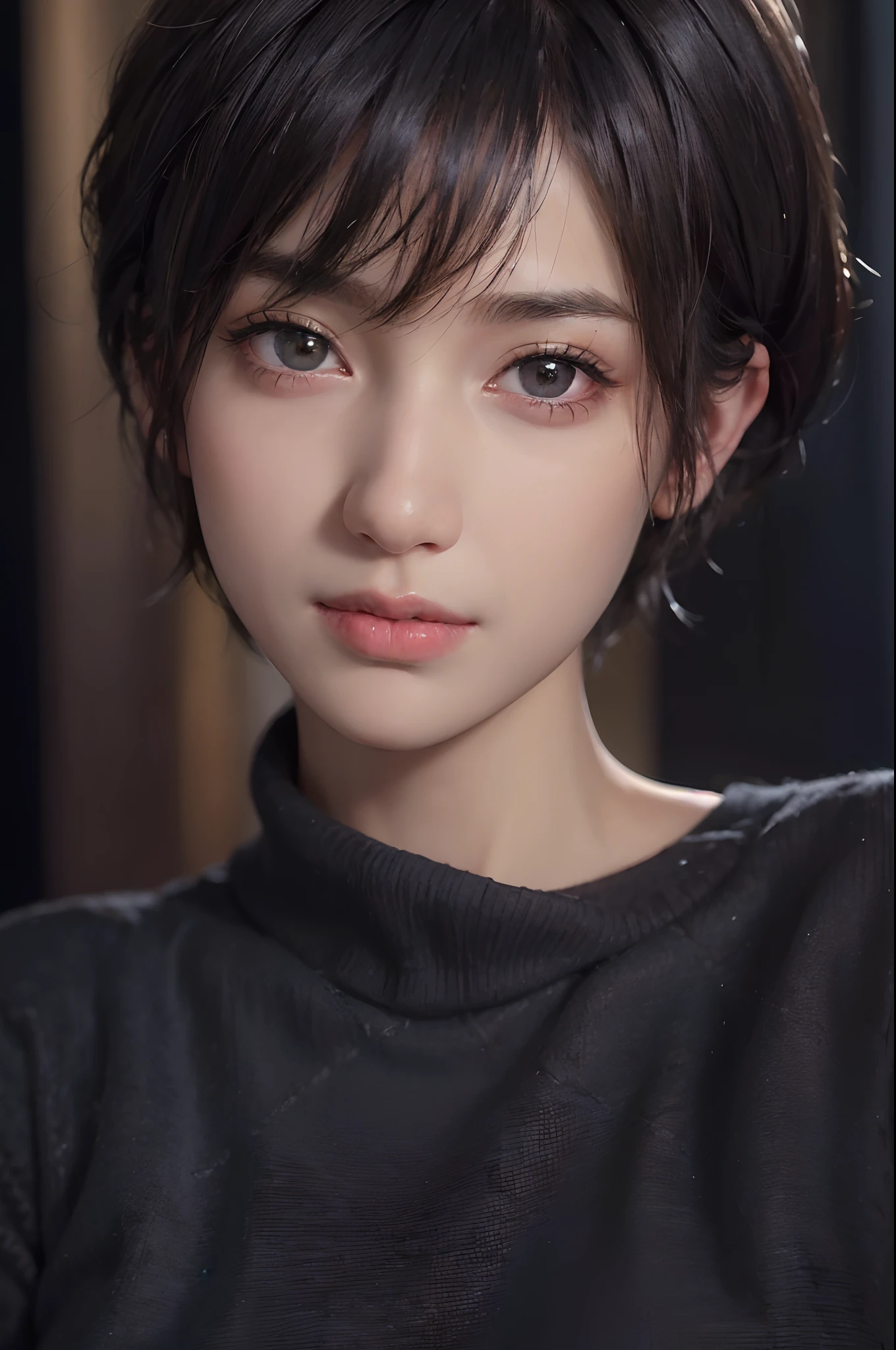 arafed woman with a black shirt and a black top, with short hair, soft portrait shot 8 k, high quality portrait, kawaii realistic portrait, short brown hair and large eyes, portrait cute-fine-face, sakimichan, cute natural anime face, girl cute-fine-face, sakimichan, Realistic. cheng yi