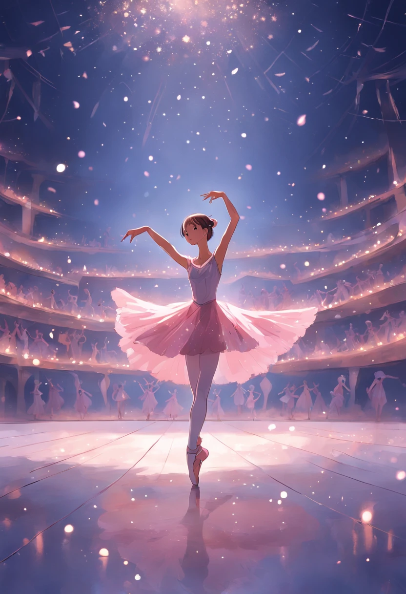 ballet。Ballerinas with elegant poses and movements dance gracefully on the stage。With soft lighting and excellent shadow expression、Express an emotional and romantic atmosphere。Be attracted by the subtle details and vividness of colors in dresses and tights。The stage background is fantastic.、Starry sky and moonlight sparkle、Enhance your dance performance。