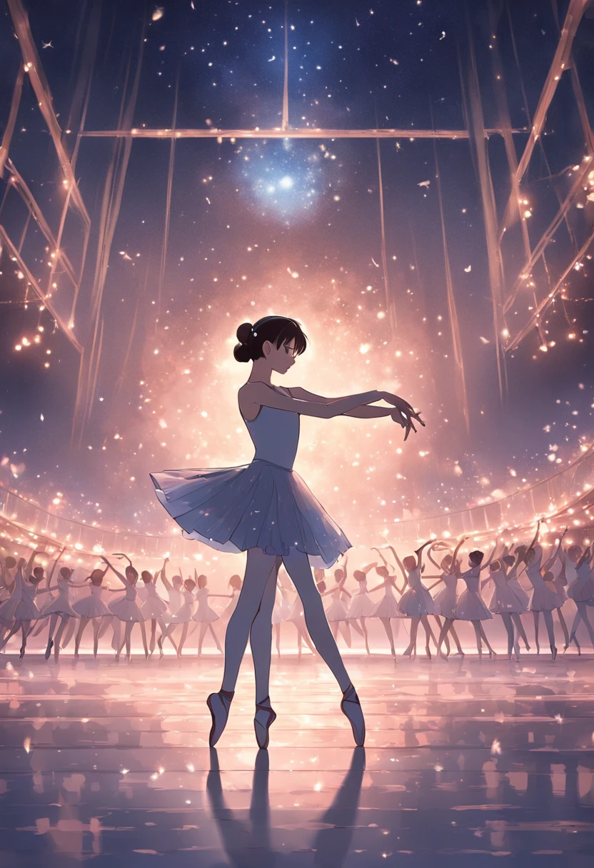 ballet。Ballerinas with elegant poses and movements dance gracefully on the stage。With soft lighting and excellent shadow expression、Express an emotional and romantic atmosphere。Be attracted by the subtle details and vividness of colors in dresses and tights。The stage background is fantastic.、Starry sky and moonlight sparkle、Enhance your dance performance。