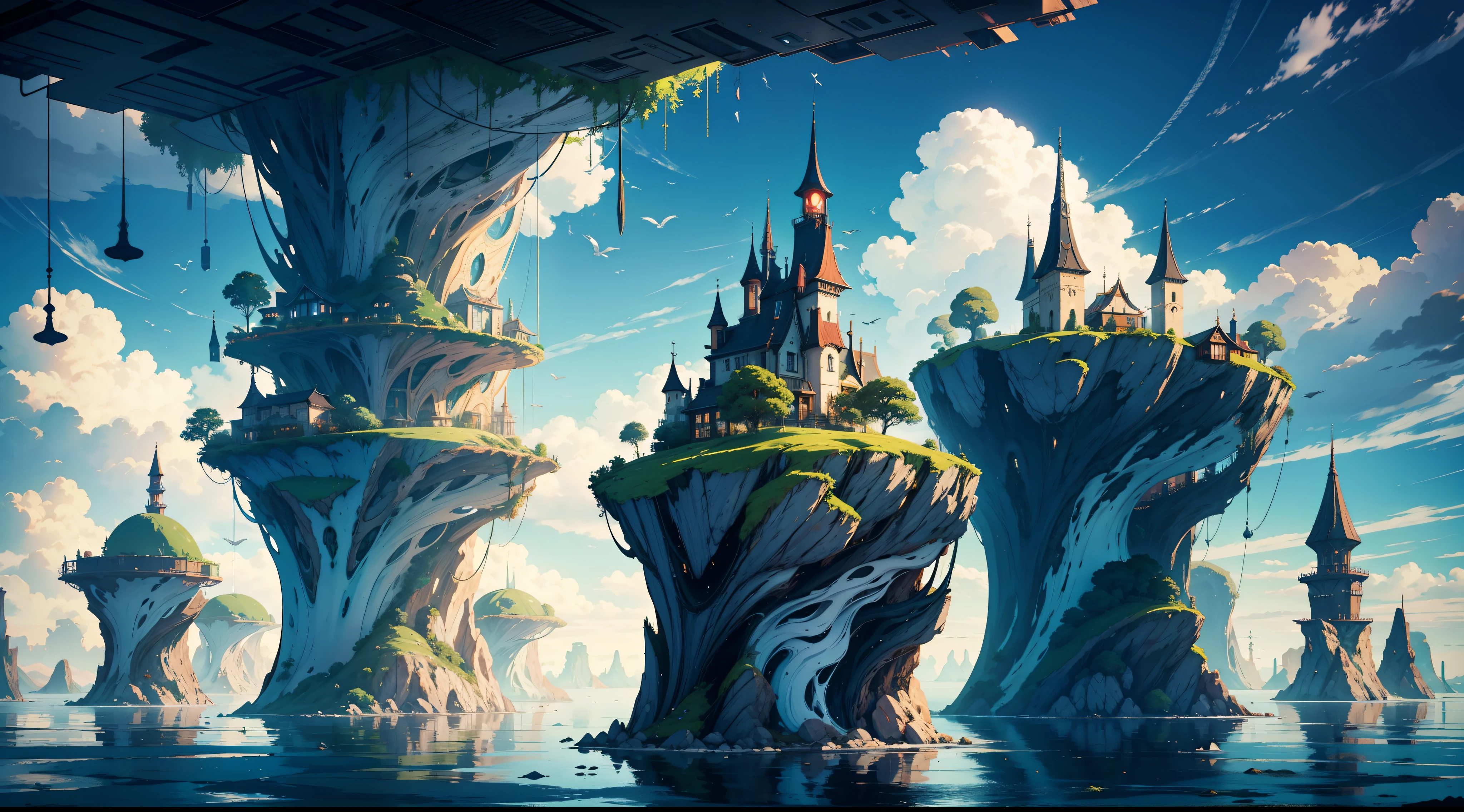 Generate a surreal scene featuring floating islands and upside-down architecture.