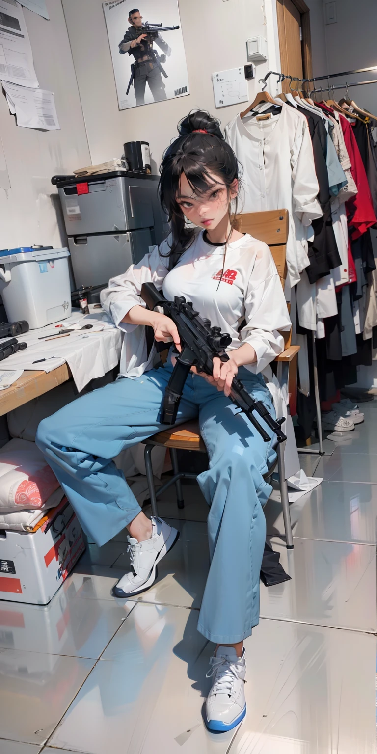 The woman sitting in the chair was in the room with a gun, with pistol, with rifle, photoshoot poses, inspired by Leng Mei, dramatic wielding gun pose, 2 0 2 0 fashion, ultra realistic ar 16:9, With a gun, real life size, 🕹️ 😎 🔫 🤖 🚬, cinematic —ar 16:9, MP5S