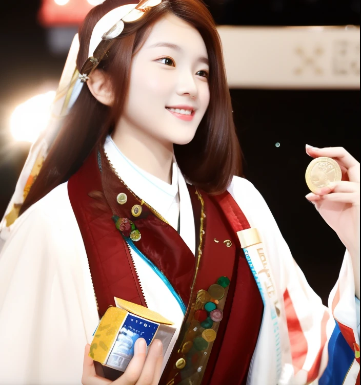 Smiling woman with red-brown hair holding coin and small box