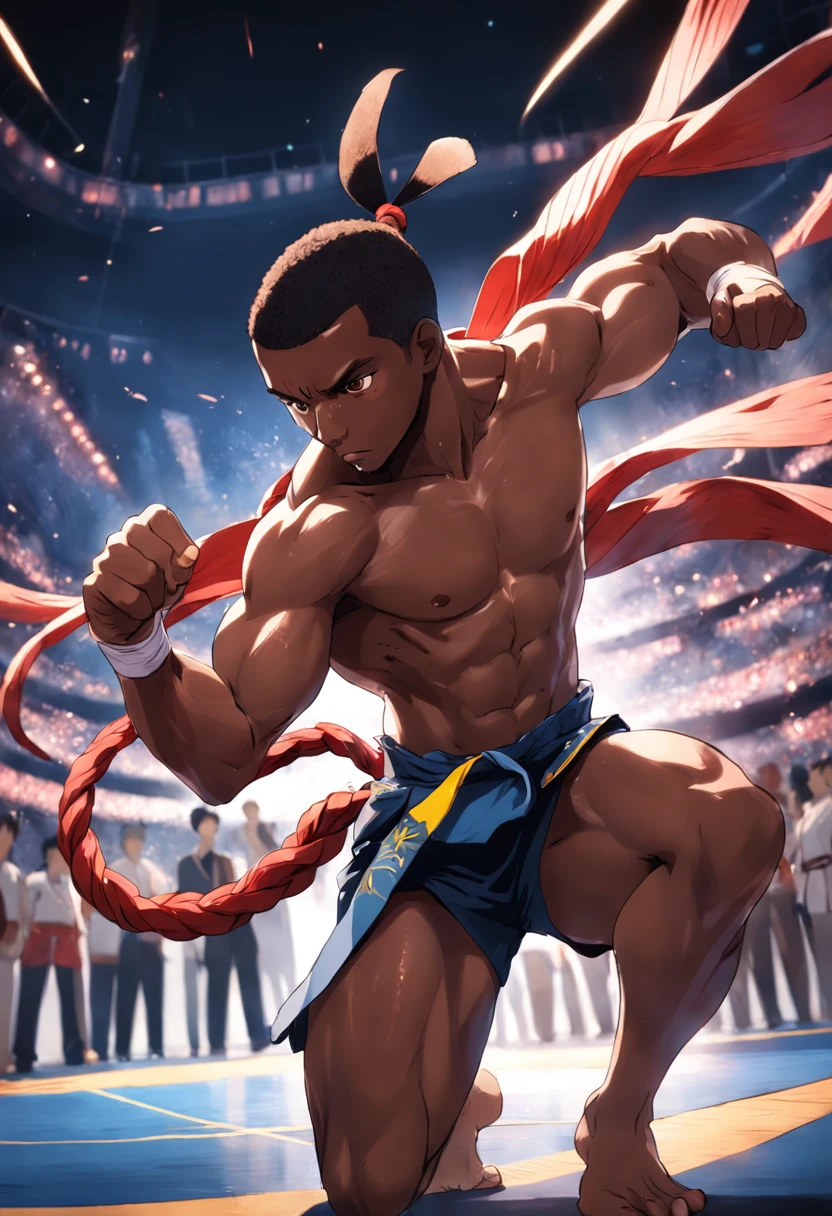 Black man with low haircut Social red cord of Capoeira with characteristics of a skilled fighter