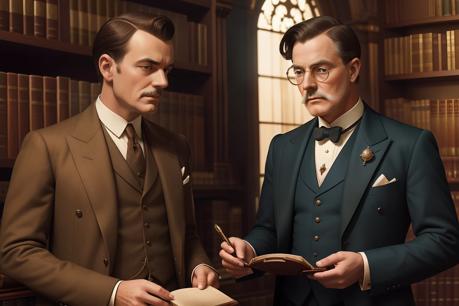 Year: 1928
A dapper gentleman in a three-piece suit with a pocket watch investigates a dusty old book in the opulent library. Sunlight streams through stained-glass windows, casting colorful patterns on the mahogany shelves and the gentleman's monocle.