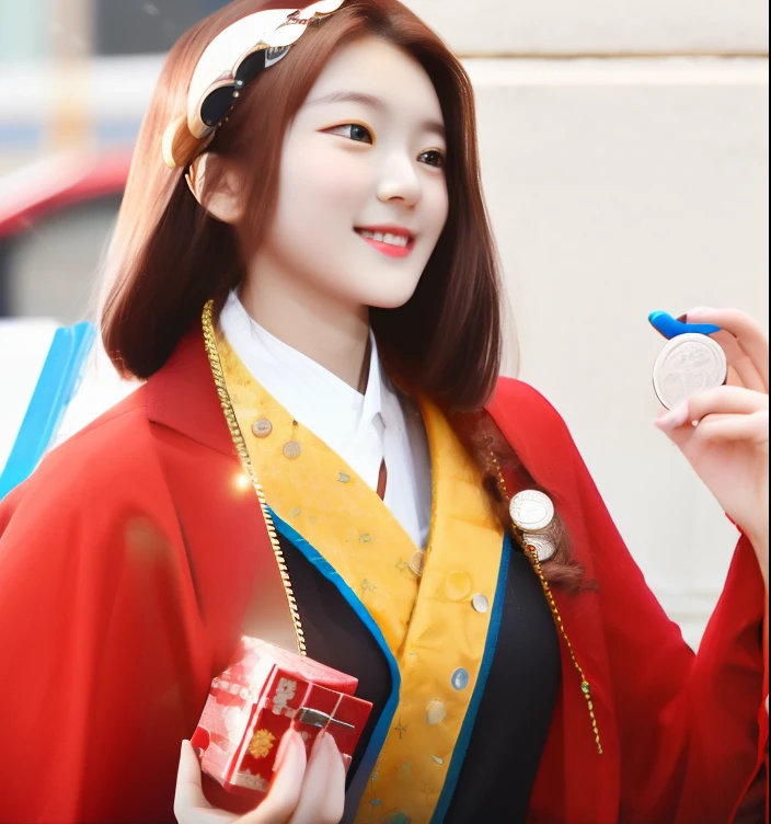 Smiling woman with red-brown hair holding coin and small box