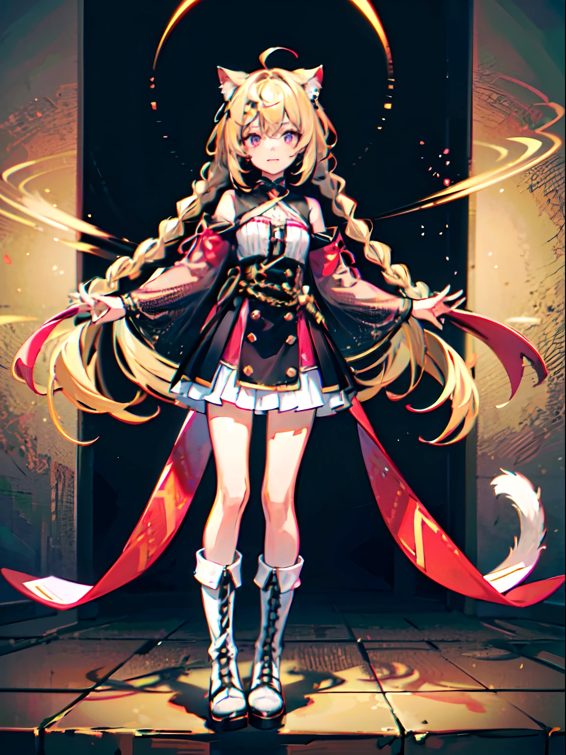 Long yellow hair,Twist braids,Pink eyes,flat bangs,short skirt,Cool costumes,Cat cat,rosette,crosses,flat bangs,full bodyesbian,boots,-yeld gi(Very detailed skin: 1.2), 8K UHD, Digital SLR, Soft lighting, High quality, Film particles, Fujifilm XT3
