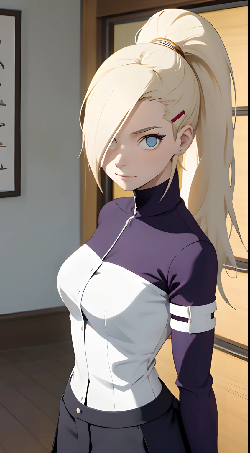 Ino yamanaka, Komono, Schneit, sat,lila Kleidung,Schulterfreie Kleidung,Spaltung,smil,Rot im Gesicht sein,drinnen im Zimmer,Nahaufnahme Nahaufnahme,mit einer guten Figur,half body,front view,standing,arms behind back