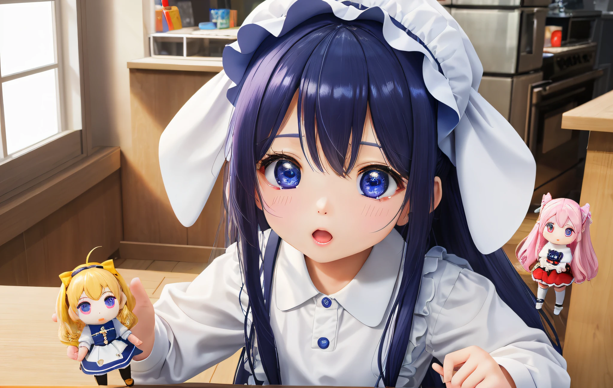 Pop Mart Blind Box IP、Close up of four cute knight dolls、Young One Angel Style、Wear longer, Dress fluently、Lop style、Poseline doll、Little people々々々々々。Little people々々々々々、unreal enginee 5、Light 3D/C4D production: 8K HD quality/illuminating/Ultra-fine lens description 1.5、flawless、Chibi Background/Cinematic。