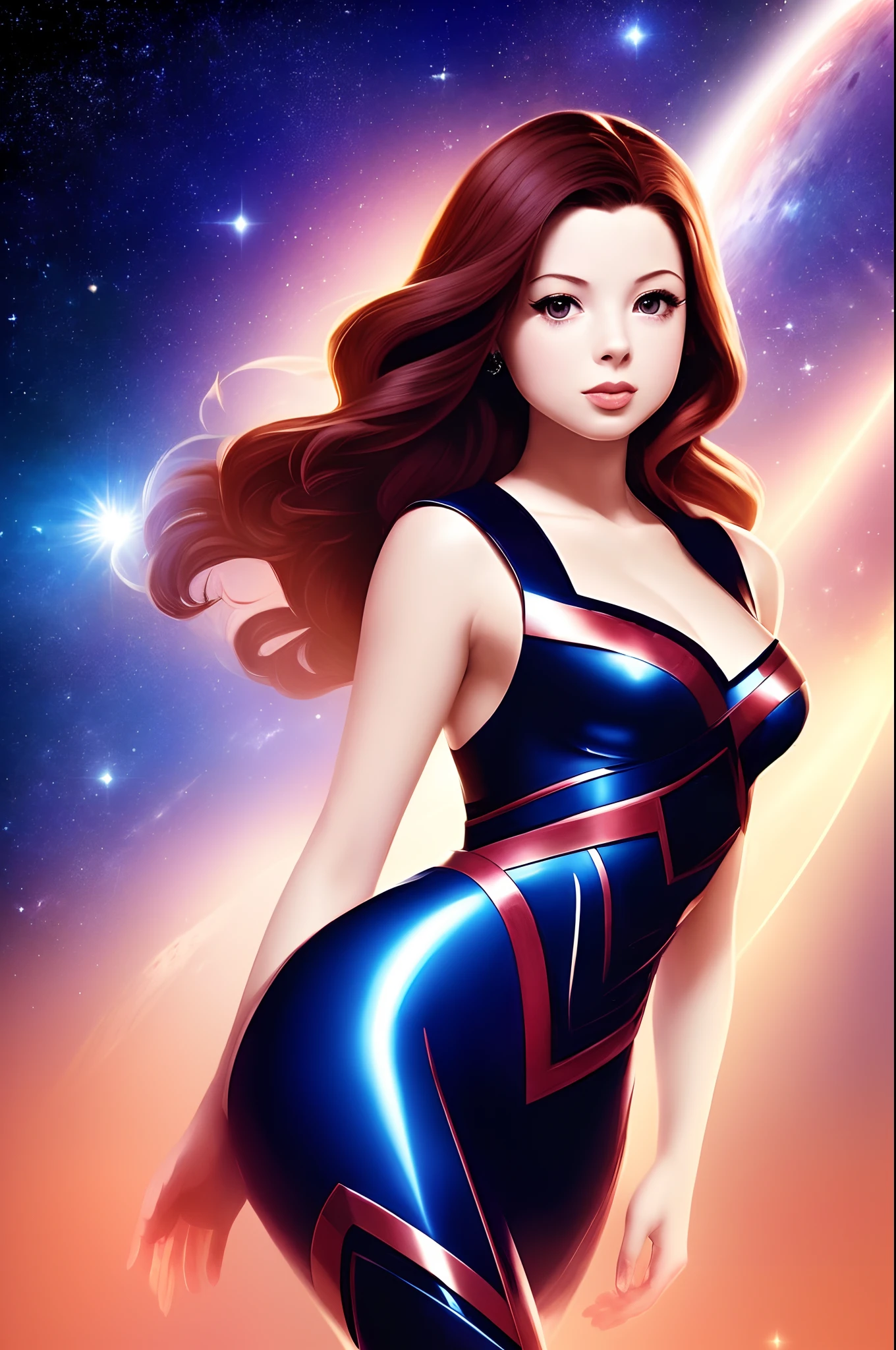 ((tmasterpiece)), hiquality, Ultra-detailed, (young Michelle Trachtenberg ), Futurism, Space, (in the style of KAAN), 8K, the best illustration, graceful, Proper anatomy of the body, hight resolution, Dynamic perspective, Dynamic posture,