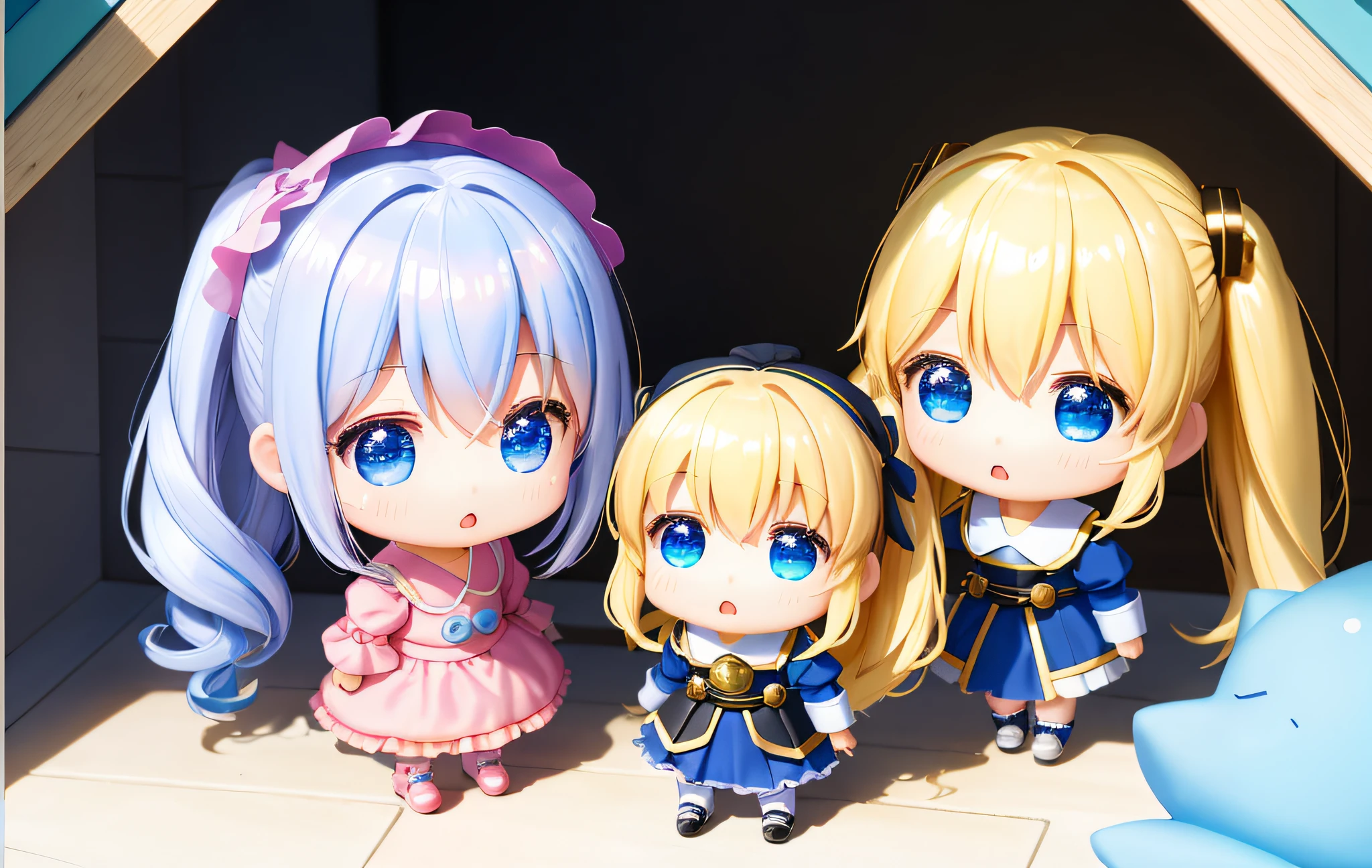 Pop Mart Blind Box IP、Close up of four cute knight dolls、Young One Angel Style、Wear longer, Dress fluently、Lop style、Poseline doll、Little people々々々々々。Little people々々々々々、unreal enginee 5、Light 3D/C4D production: 8K HD quality/illuminating/Ultra-fine lens description 1.5、flawless、Chibi Background/Cinematic。