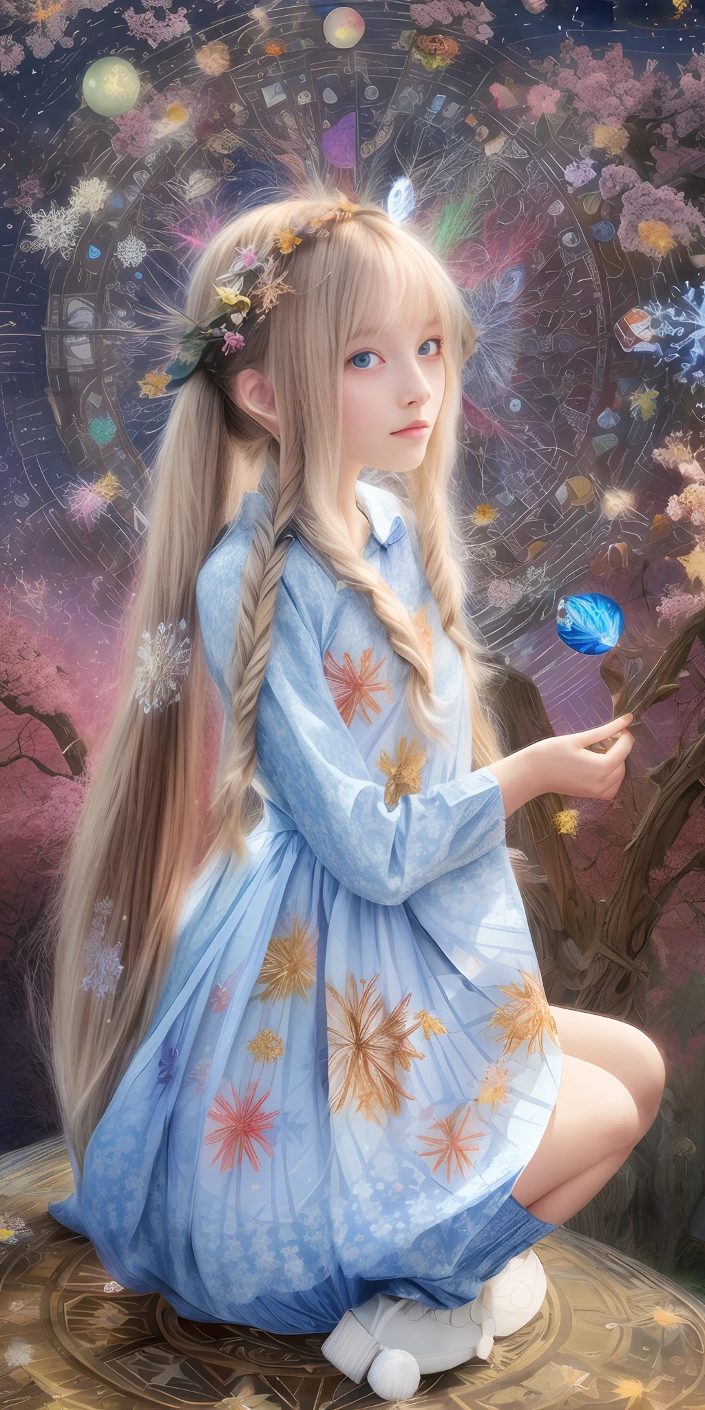 ((masterpiece:1.4, best quality))+, (ultra detailed)+,1girl, (:1.4),silver hair, twintails,very long hair, blue eyes, flat chest, (Geometric Seasons, seasonal patterns, (spring blossoms:1.2), (Milky Way:1.05), (autumn leaves:0.95),(beautiful snowflakes:1.2), geometric landscapes, natural cycles, weather-inspired designs, color palettes:1.5), (rainbow, firework, beautiful butterfly:1.3), (beige:1.4), f/16