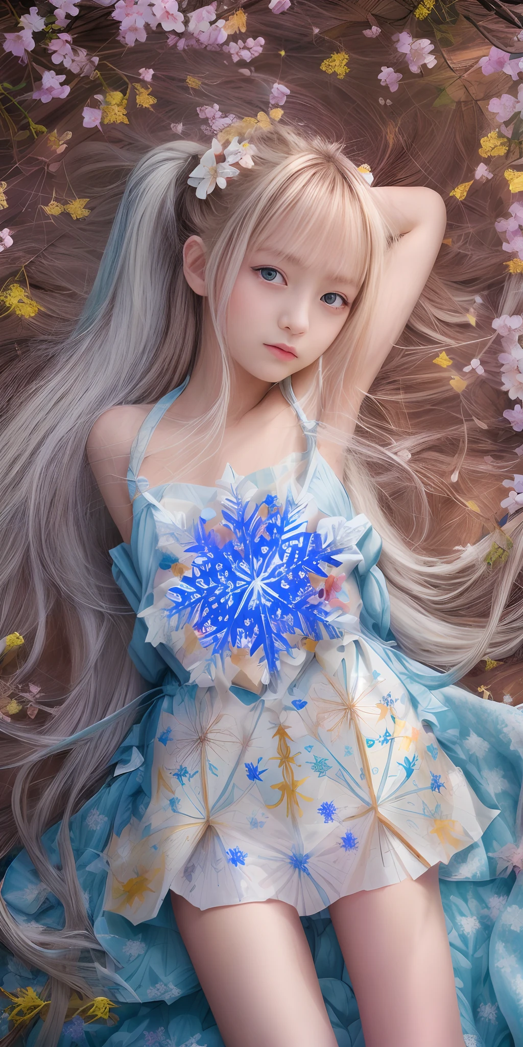 ((masterpiece:1.4, best quality))+, (ultra detailed)+,1girl, (li:1.4),silver hair, twintails,very long hair,  blue eyes, flat chest, (Geometric Seasons, seasonal patterns, (spring blossoms:1.2), (Milky Way:1.05), (autumn leaves:0.95),(beautiful snowflakes:1.2), geometric landscapes, natural cycles, weather-inspired designs, color palettes:1.5), (rainbow, firework, beautiful butterfly:1.3), (beige:1.4), f/16