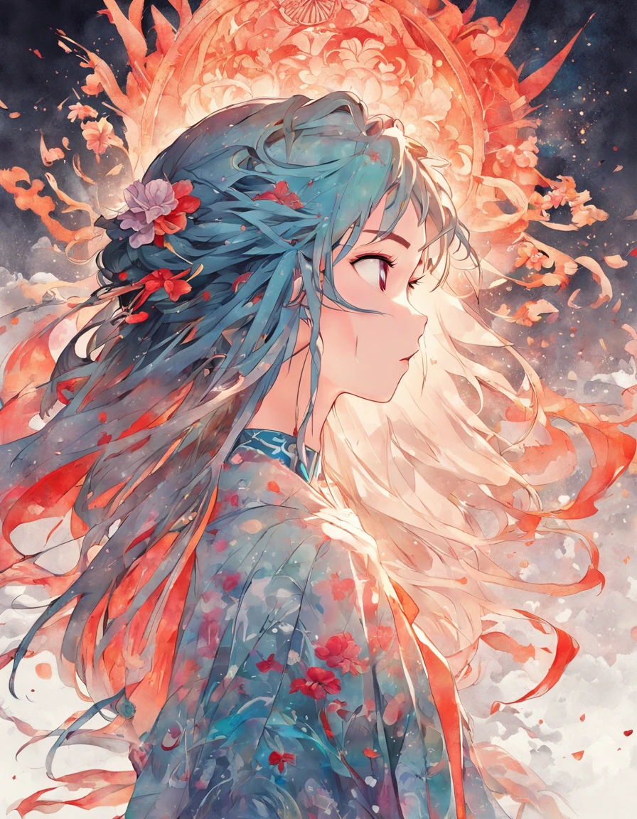 (White background:1.4),(Silhouette of a girl's head, Eyes closed, Colorful long hair, Oriental elements)，(Chinese Illustration:1.3，paper art:1.3, Quilted Paper Art:1.2),( Reasonable design, Clear lines, High Sharpness,Best Quality, Very detailed, masutepiece, Movie Light Effects, 4K )