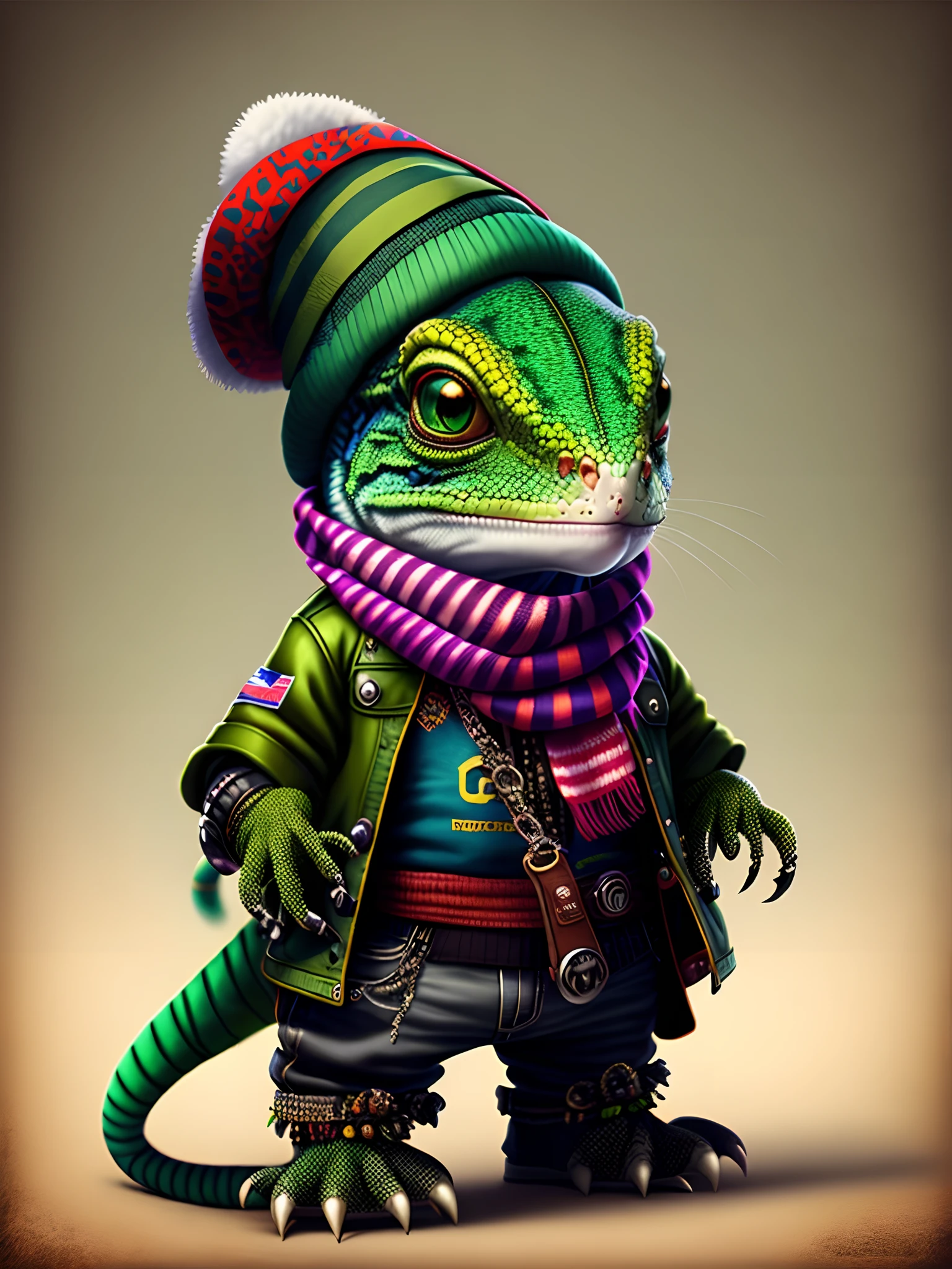 Image of a lizard in a hat and scarf, trends in the art station, dressed in punk clothing, Ultra-realistic detail rendering, British gang member, Urban style, intimidating pose, Planet of the Lizards, Fashion clothes, Urban Samurai, meow, West Slavic traits, 8 1 5
