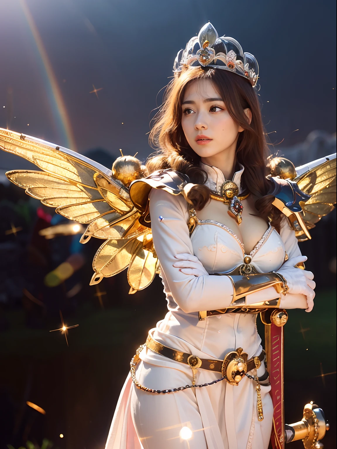 (masutepiece), Professional , ​masterpiece、top-quality、photos realistic , depth of fields （Gemstone Silver Metal Body:1.９),(Matt W White Pink、Jewel Gold Weapon、（Gorgeous castle background）、（ultimate beauty girl）、（Rainbow fairy wings grow）、Particles of light、（Metal body of iridescent gemstones:1.９),Gorgeous Jewel Metal Weapons , Detailed Sword of the Brave ,（ a blond）   ,warhammer 40k , adepta sororitas,Detail and ornate jewel crown、独奏、Brown hair、Mystical expression、cleavage of the breast、（Gangle's forest background）、Beautiful Caucasian beauty、１a person、dynamic ungle,(((Diamond tiara with detail and luxury)))、a small face、Powerful poses、（Gorgeous castle background）、huge filesize、20 year old beautiful woman、Stand in the center of the screen、Thin female fingers、Straight long hair、Beautiful Caucasian beauty、（maikurobikini）、Hair fluttering in the wind、face forwards、Look at viewers、（Armpit）、Armpit、