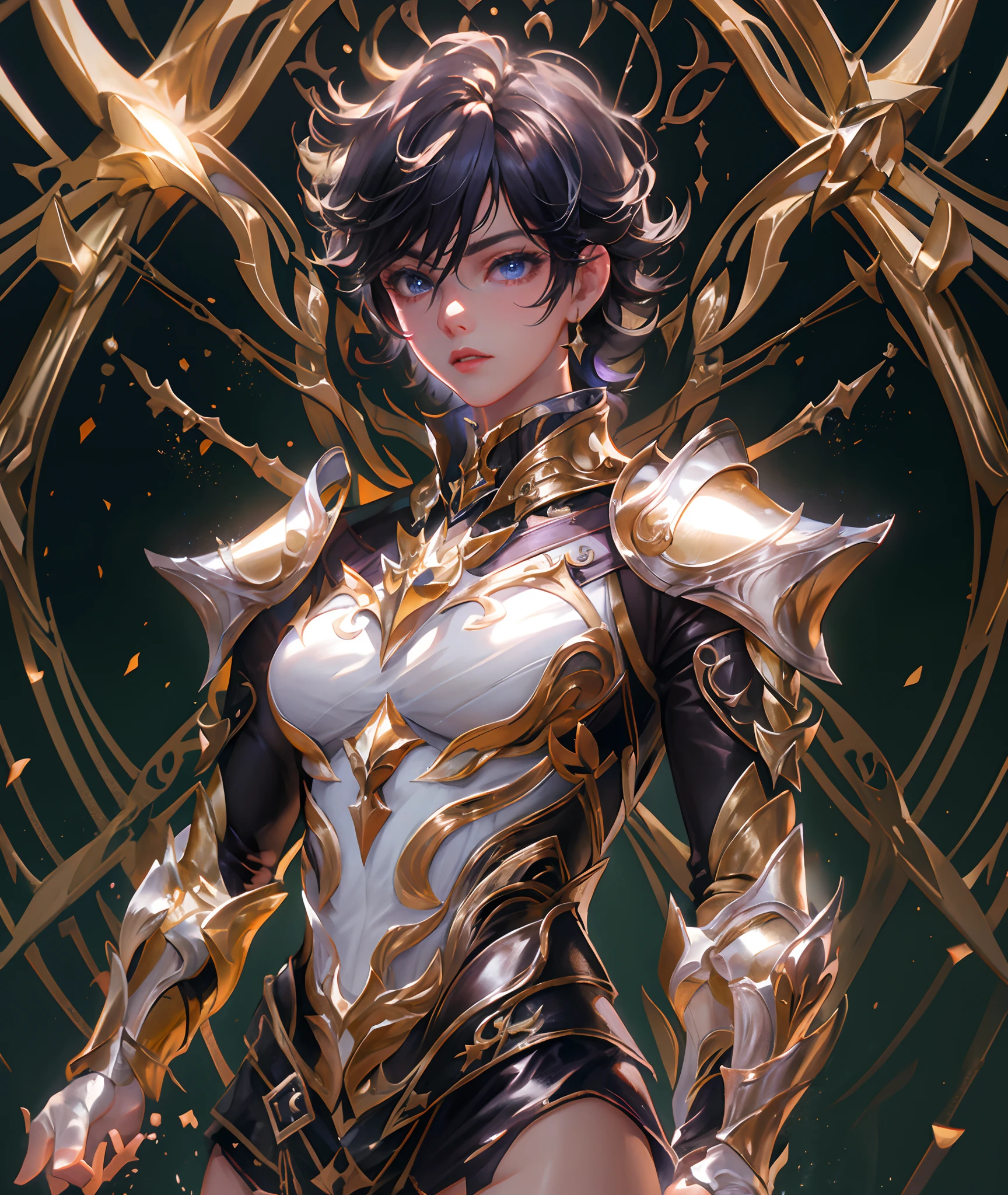 Ultra-high saturation,(tmasterpiece), fully body photo,(best qualtiy), (1girll), starryskybackground,Wearing shiny gold armor, Sexy lingerie type armor,Expose your chest,Expose the waistline,Exposing thighs,cool-pose, Saint Seiya Armor, messy hair,high detal, Anime style, Cinematic lighting, Sparkle, god light, Ray traching, filmgrain, hyper HD, textureskin, super detailing, Anatomical correct, A high resolution,Ultra-high saturation,hight contrast,High-gloss armor,Smooth skin,Serious expressions,Dark room,