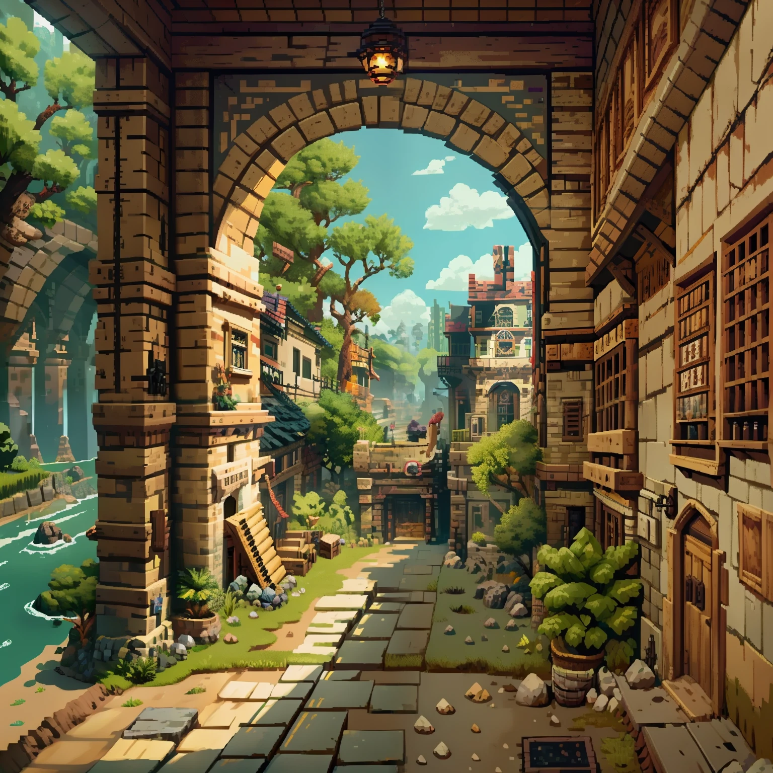 Horizontal pixel games,(Pixel art:1.4),Q version《dungeons and dragons》,borgar,The tree,Wagas,Steps,Wasteland,drak,((best qualtiy)),super-fine,8K,A detailed,acurate