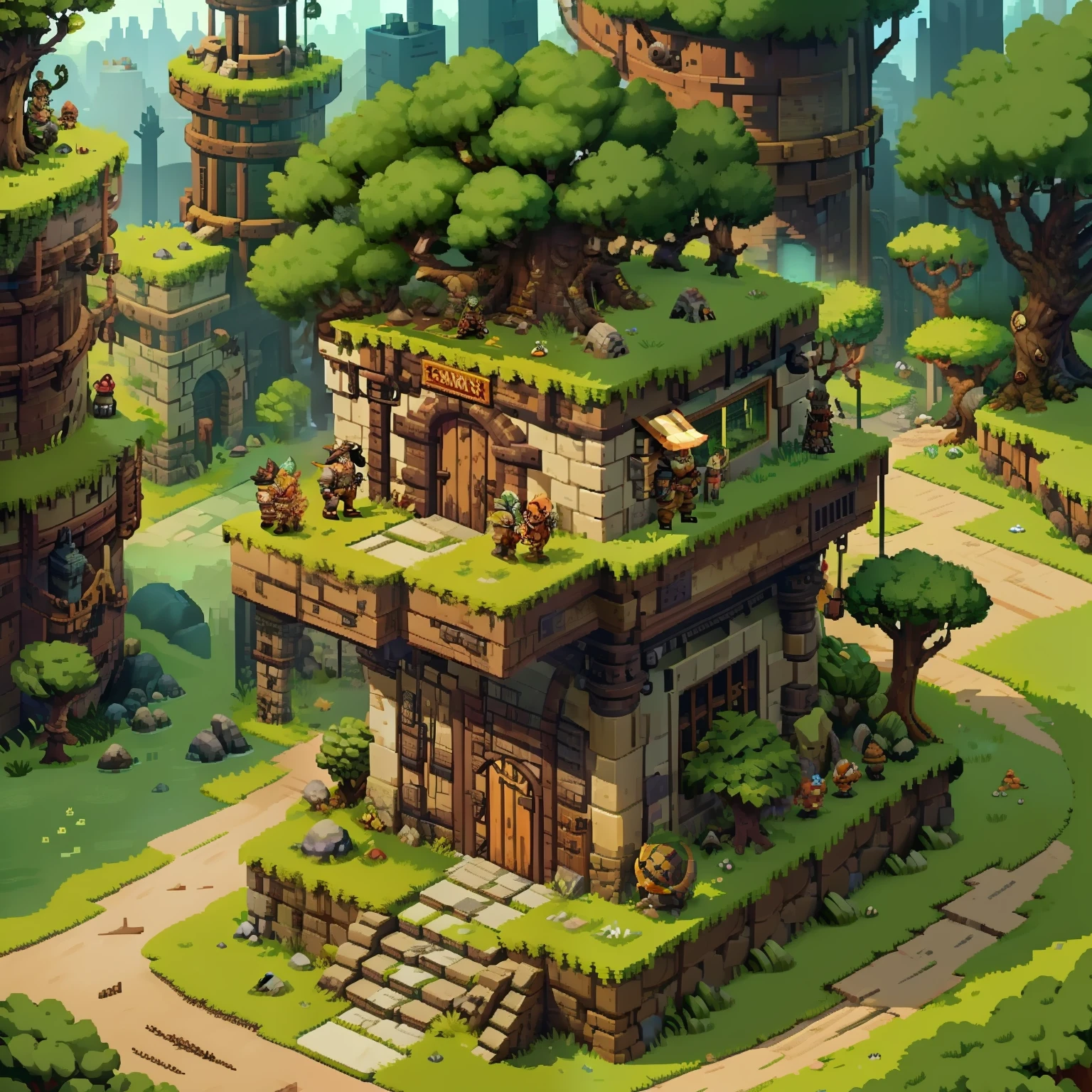 Horizontal pixel games,(Pixel art:1.4),Q version《dungeons and dragons》,borgar,The tree,Wagas,Steps,Wasteland,drak,((best qualtiy)),super-fine,8K,A detailed,acurate