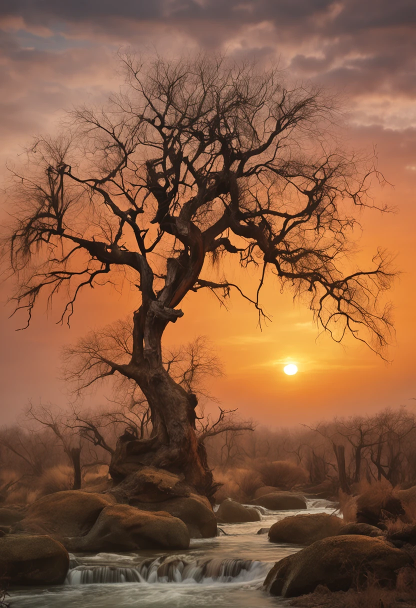 RAW photo of the landscape,Dead vines, old trees, and crows,Small bridges and flowing water,Ancient road west wind thin horse,Sunset,Broken intestines are at the end of the world,Inspired by the Tang dynasty poet Ma Zhiyuan,small detailed,realisticlying,Ultra-realistic photos,8K UHD,Digital SLR,softlighting,high high quality,filmgrain,Fujifilm XT3,(tmasterpiece)