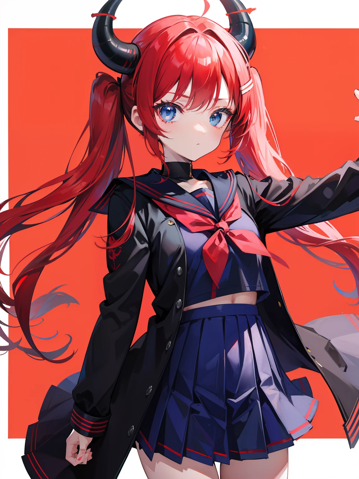 red hair, blue eyes, twintails, Sailor suit,black coat, Pleated skirt,solo,loli,cute,bow,Dragon horns