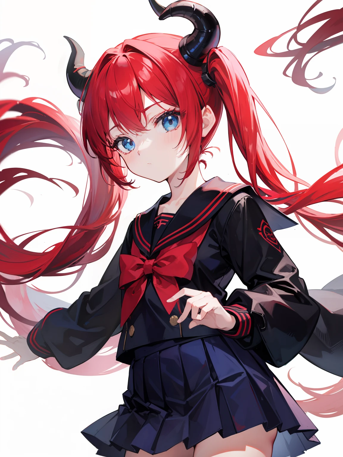 red hair, blue eyes, twintails, Sailor suit,black coat, Pleated skirt,solo,li,cute,bow,Dragon horns