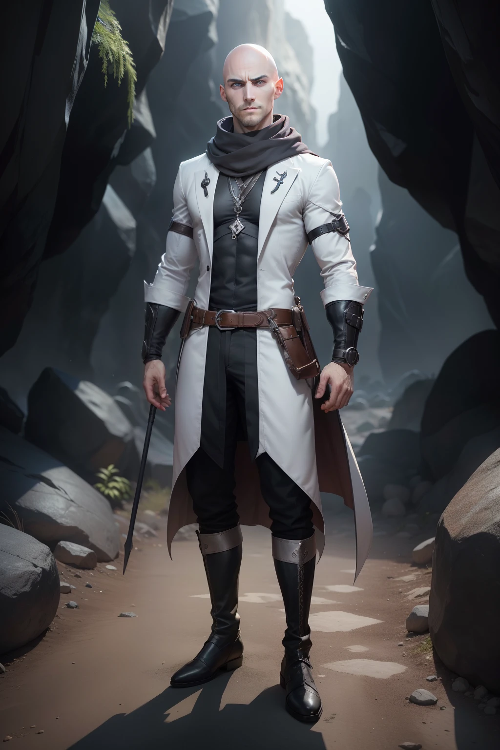 male character, gray eyes: 2:4, (((bald))), white face scars horizontally across forehead, heavy gray scarf, black trickster outfit, smirk, black boots, in a cave with scattered treasures, anime style , dynamic, full length, animation quality, anime icon, new jersey, looking at face camera, 8k, full length, best background, raw art, awesome titles, ultra HD, insane title, perfect hands, no title