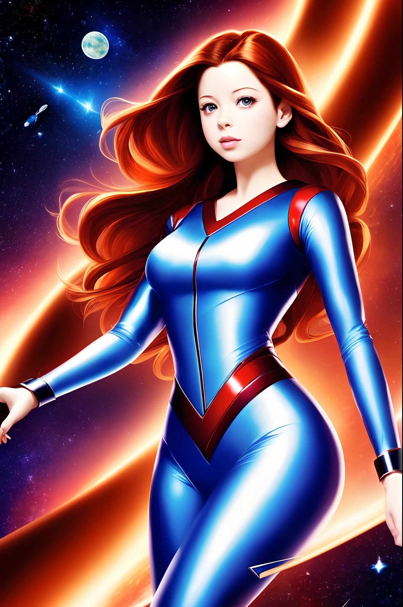 ((tmasterpiece)), hiquality, Ultra-detailed, (young Michelle Trachtenberg ), Futurism, Space, (in the style of KAAN), 8K, the best illustration, graceful, Proper anatomy of the body, hight resolution, Dynamic perspective, Dynamic posture,