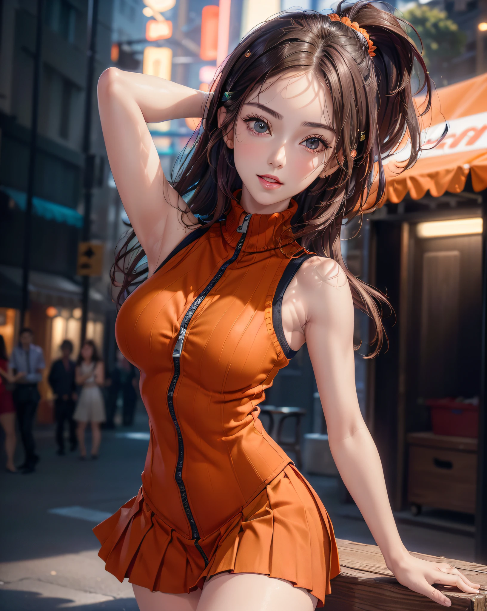 masterpiece, best quality, HuTaoV4, 1girl, solo, blush, twintails, long hair, hair between eyes, ((streetwear clothes)), city, outdoors, night, movie poster, extremely detailed 8K, smooth, high resolution, ultra quality, cinematic lighting, ambient occlusion, hd, 2k, 4k, 8k, 16k, extremely detailed anime, detailed faces, perfect composition, wide shot, atmospheric lighting, very sexy, lift skirt, random low back angle, uncensored, nsfw, sin censura