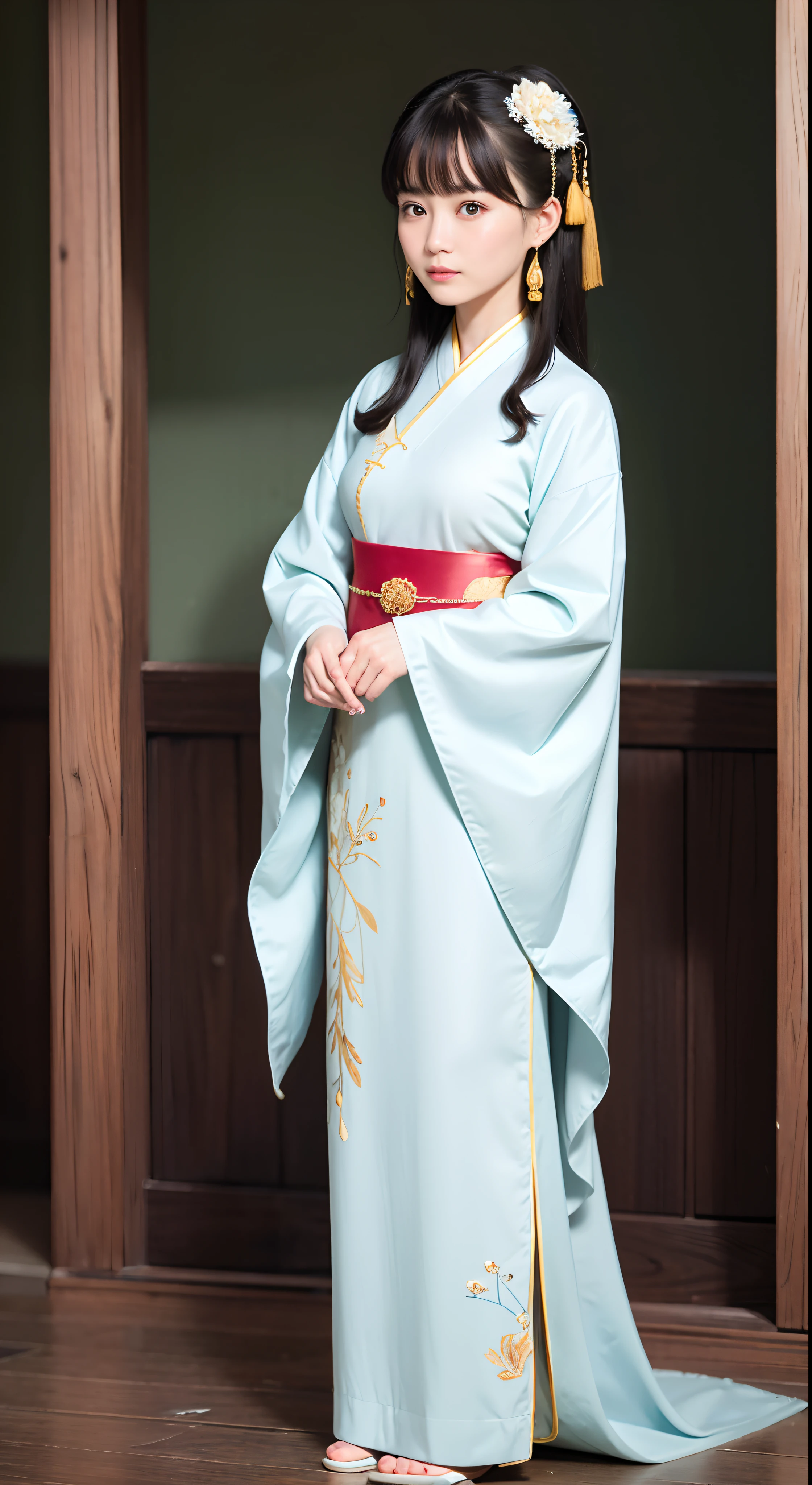 Chinese women in ancient costumes pose for a group photo, Long-sleeved Han costume, Varied, ,Insert the hairpin into the coiled hair, The clothes are fluttering,full-body xianxia, , Standing on a small bridge, His melancholy eyes looked into the distance, Wear period costumes,Wearing earrings bracelet light green Hanfu delicate embroidery,Detailed facial features and ultra-clear picture quality,Up to 8K resolution