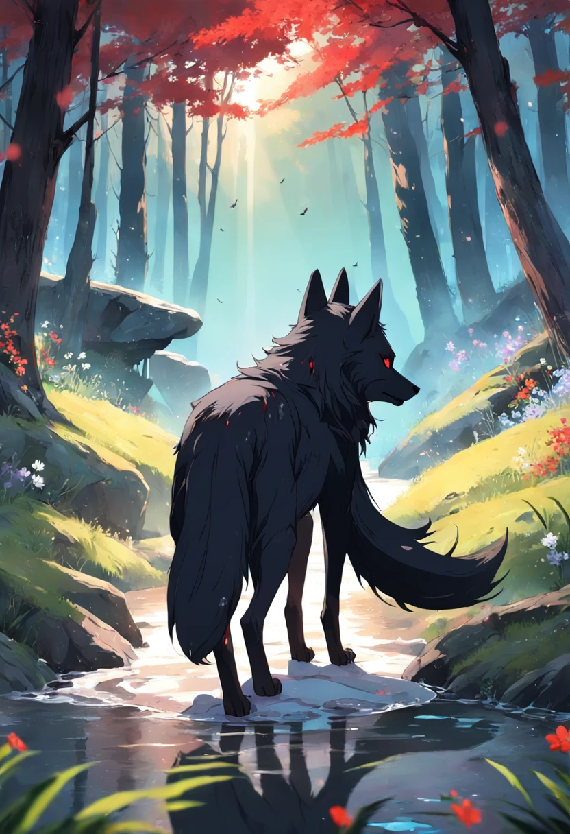 《long black hair, red eyes, werewolf, black wolf ears, black tail, in a picturesque landscape, dripping sunlight, flowers flying, whispering winds of pleasure.》