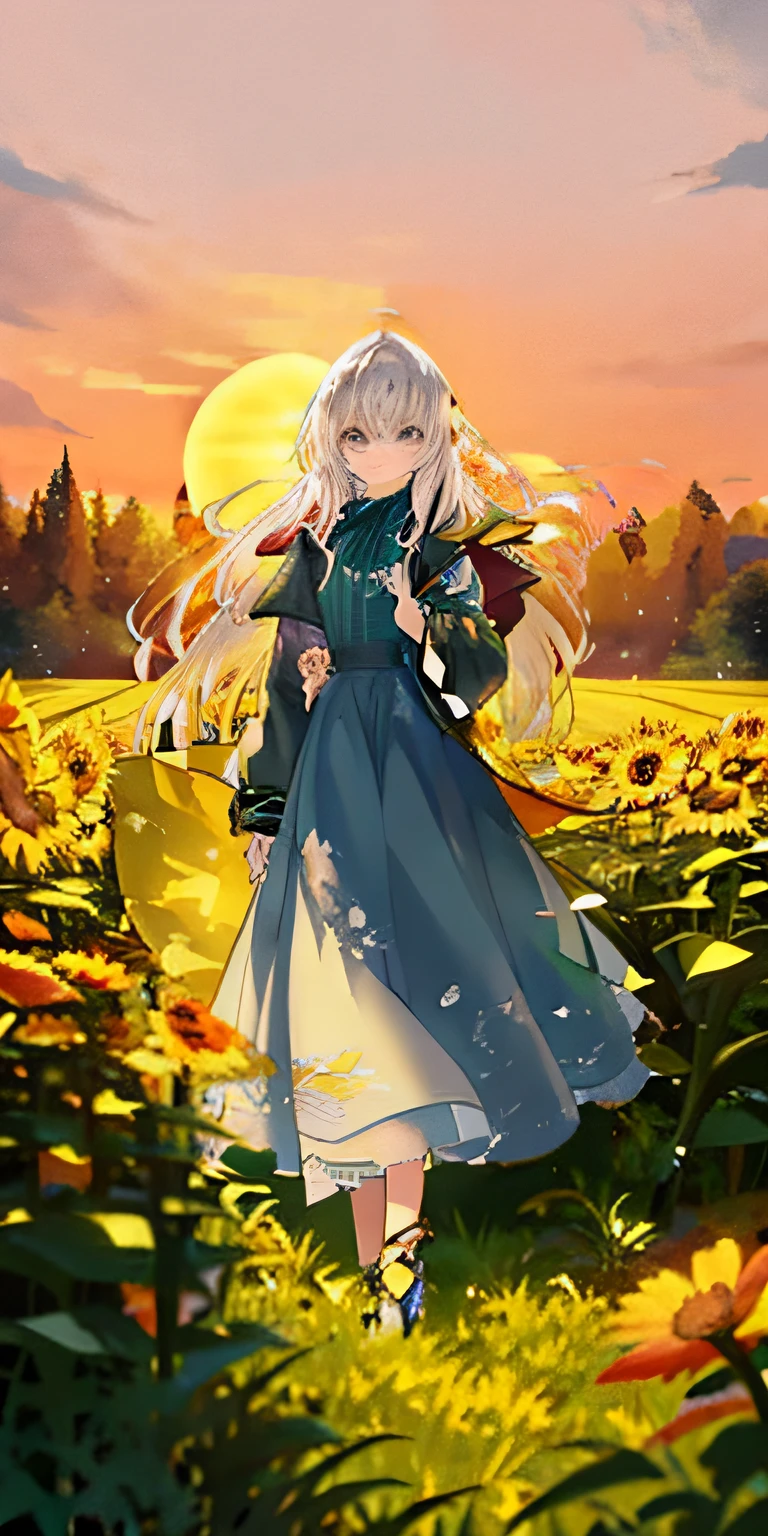 Anime girl in a flower field,The sun is setting behind you, beautiful sunflower anime girl, standing in flower field, Kushatt Krenz Key Art Women, offcial art, a maid in a magical forest, a goddess in a field of flowers, girl standing in flower field, in a field of flowers, Guviz-style artwork