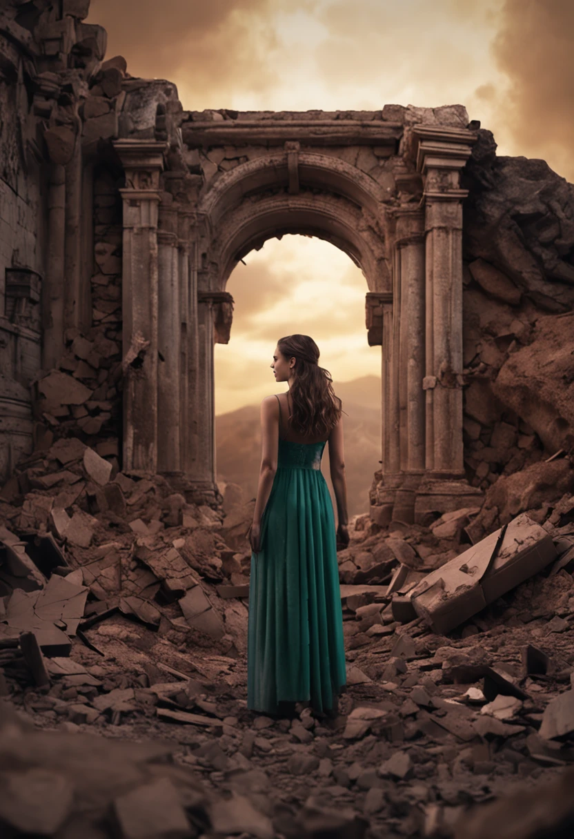 The World After the Destruction, A woman stands in front of an ancient ruins that have collapsed. There is a mysterious door and you are trying to get inside.