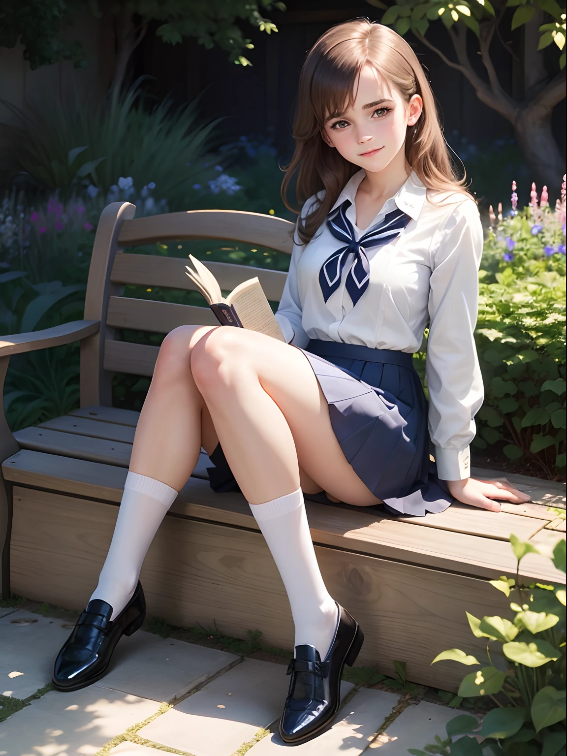 teen Emma Watson dressed in cute school uniform, navy blue pleated skirt, white blouse, navy blue striped tie, white frilly ankle socks, sitting on the a garden bench in the garden reading a book, smiling