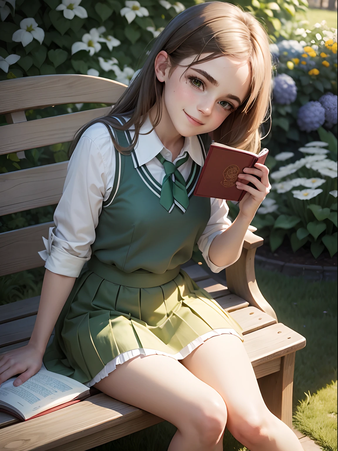 Emma Watson dressed in cute school uniform, green pleated skirt, white blouse, green striped tie, white frilly ankle socks, sitting on the a garden bench in the garden reading a book, smiling