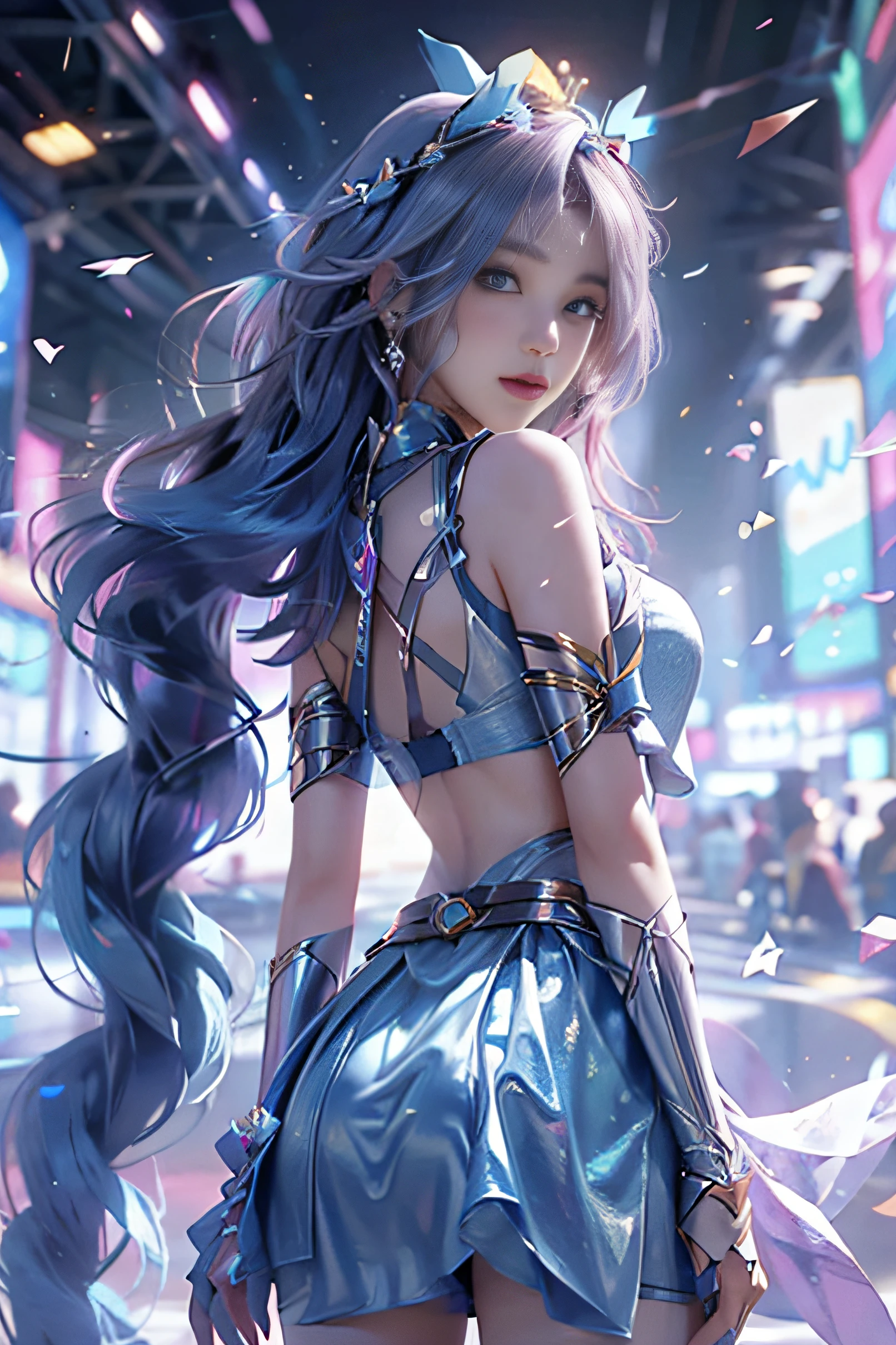 Best quality at best, 1girll, KDA, 独奏, long whitr hair, short skirt,open waist,blue color eyes,flowy,back,on back