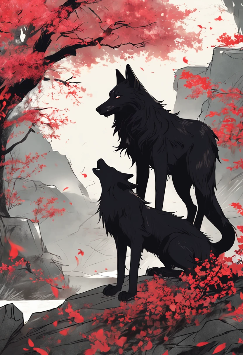 《long black hair, red eyes, female werewolf, black wolf ears, black tail, in a picturesque landscape, dripping sunlight, flowers flying, whispering winds of pleasure.》