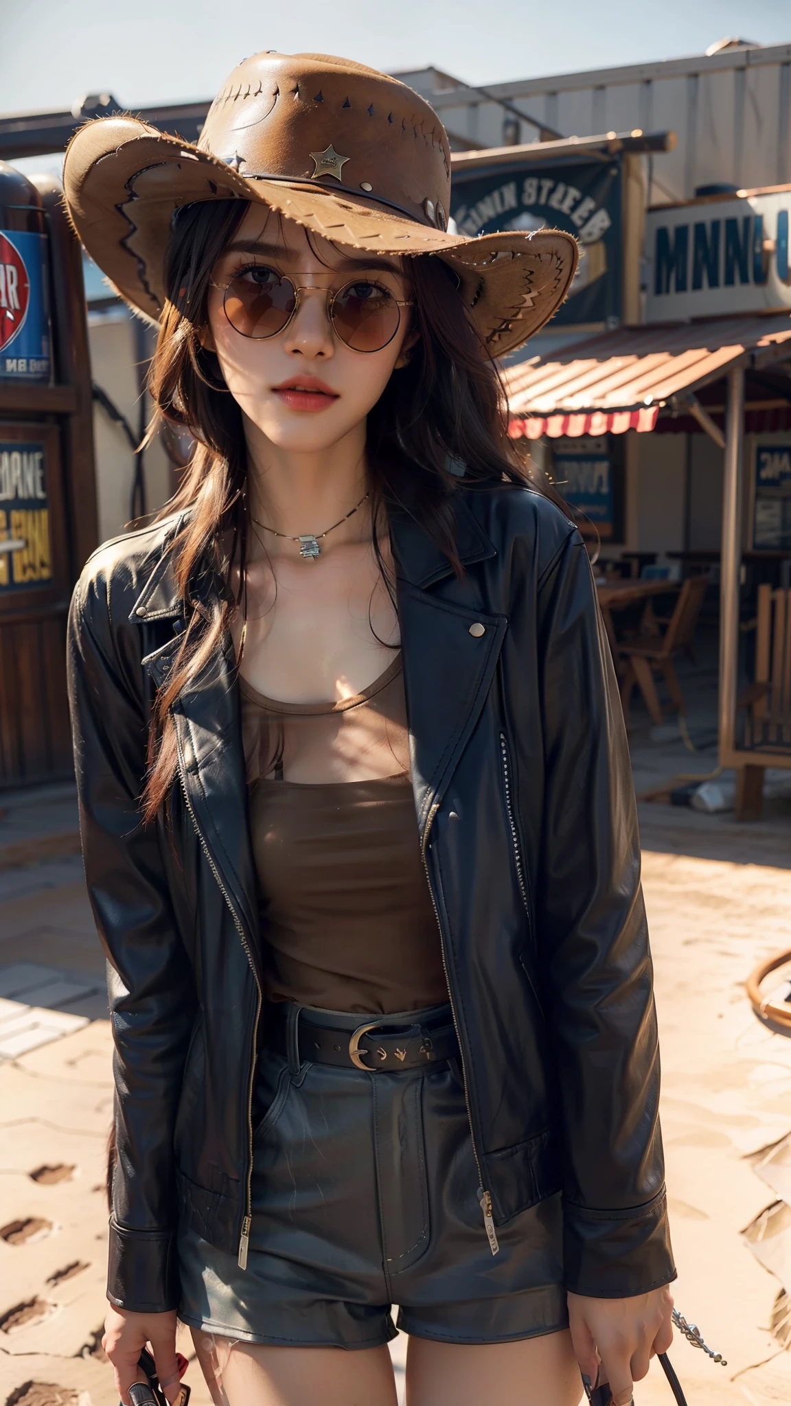 4k hltra hd, mastermiece, best quality, a girl, good face, sun glasses, detailed lips, long hair, strait hair, wearing cowboy outfit, blue leather jacket, cowboy hat, blurred background, morning, whole body capture,