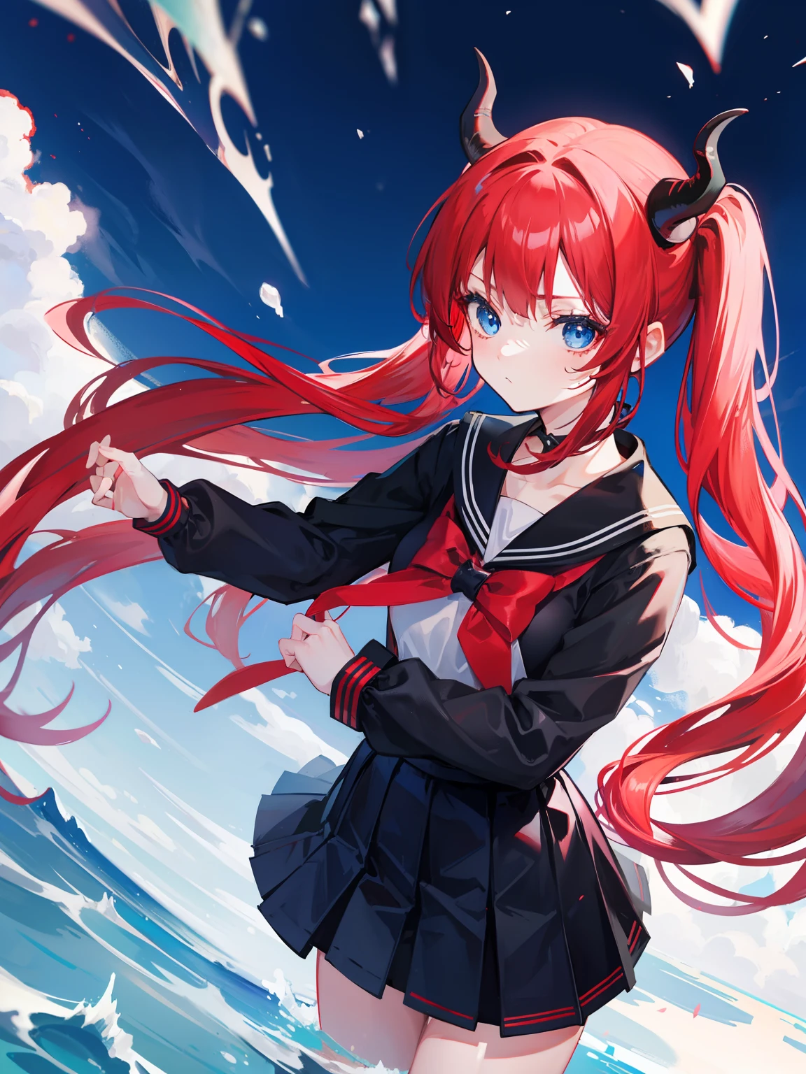 red hair, blue eyes, twintails, Sailor suit,black coat, Pleated skirt,solo,loli,cute,bow,Dragon horns
