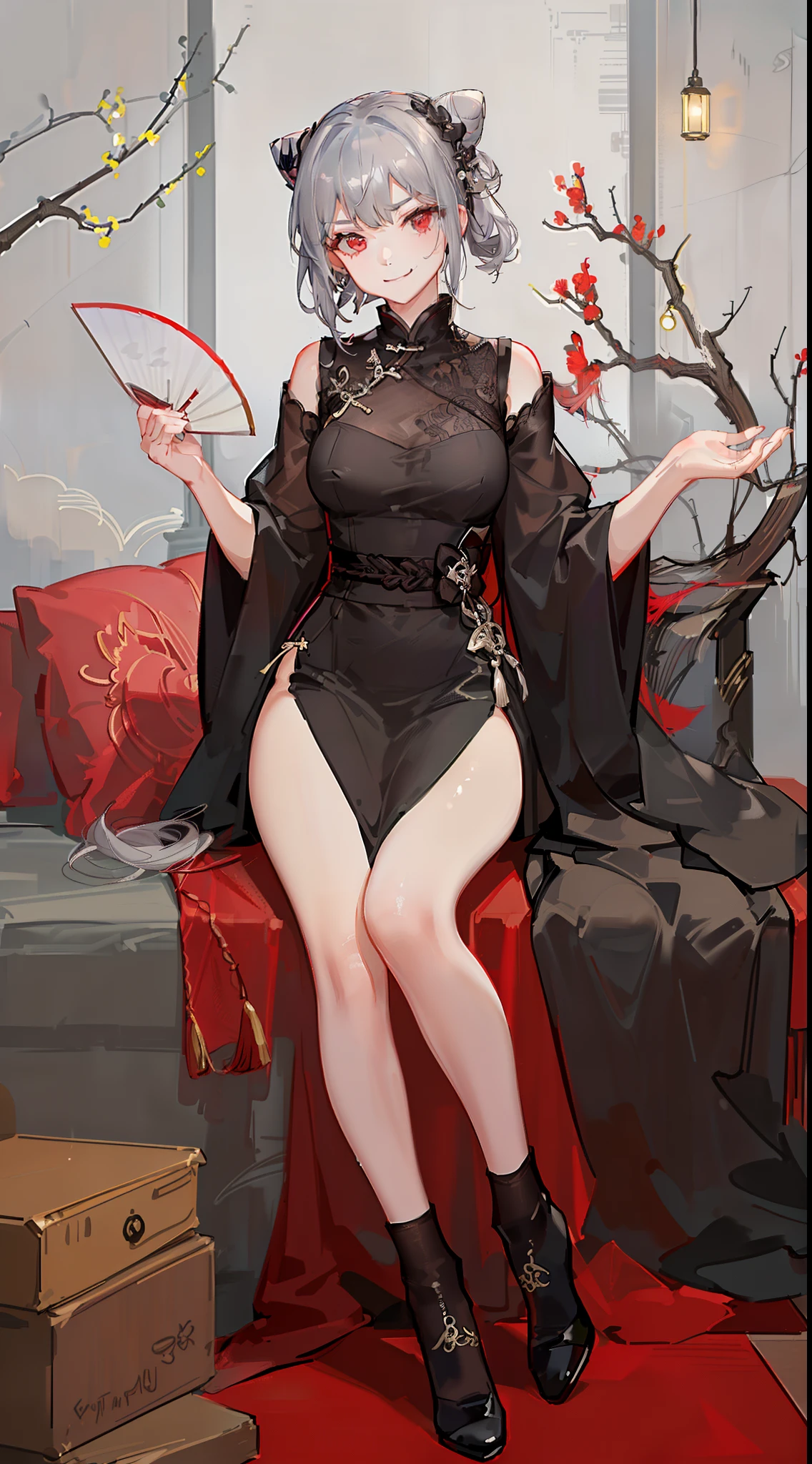 young girl, short gray hair, hair in a bun, red-eyes, smirk, grey chinese dress, Translucent, Fan, smirk, Sits, Masterpiece, hiquality
