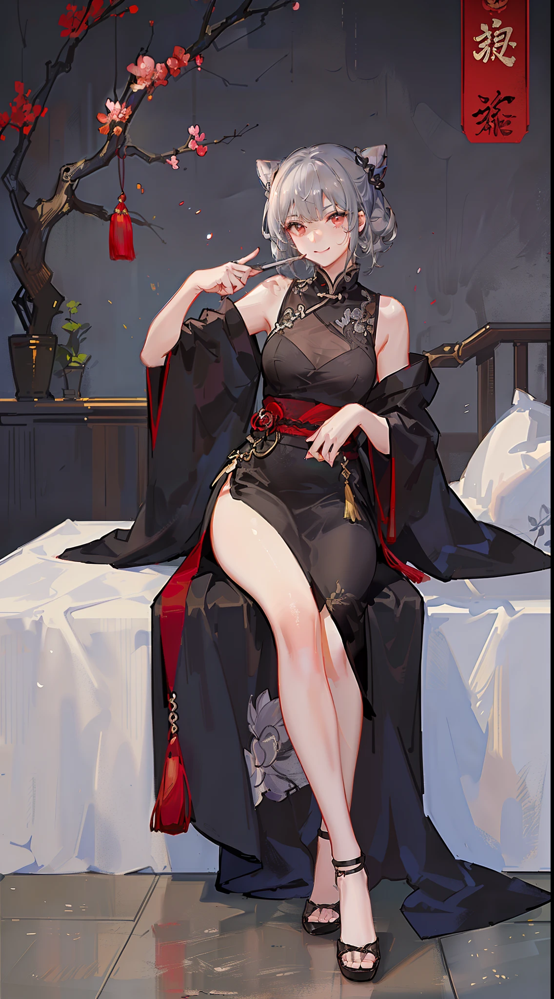 young girl, short gray hair, hair in a bun, red-eyes, smirk, grey chinese dress, Translucent, Fan, smirk, Sits, Masterpiece, hiquality