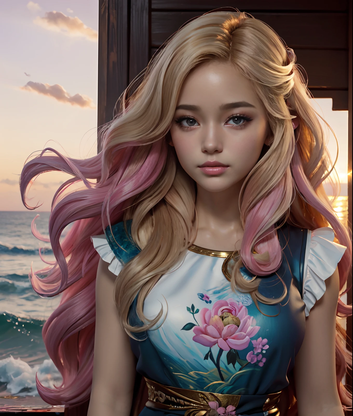 (a painting of a woman with long hair), digital art, inspired by Ross Tran, long fluffy blond curly hair, soft sunset lighting, beautiful art uhd 4k, detailed dress and face, pink girl, realistic cute girl painting, magali villeneuve' wavy hair, ultra realistic cartoon, wind kissed picture, sakimichan