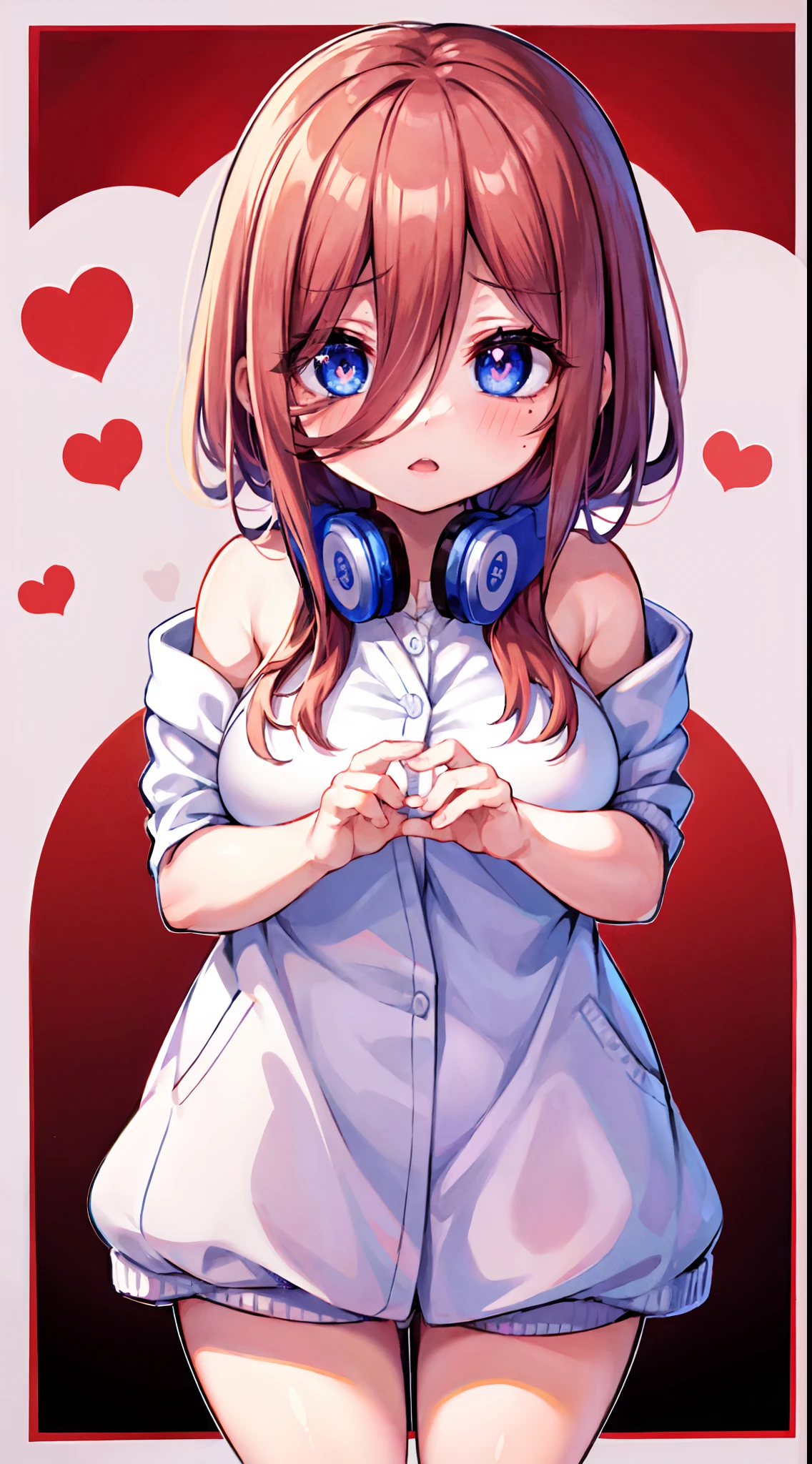 Miku Nakano,(A white border around a red rectangular background:2.5),whitesweater, D-cups,ahegao face,stooped,High detail,Moles under eyes, Heart-shaped pupils,Love pupils,cropped shoulders,Lots of hearts,Fleshy thighs,highly rendered,detailed face with