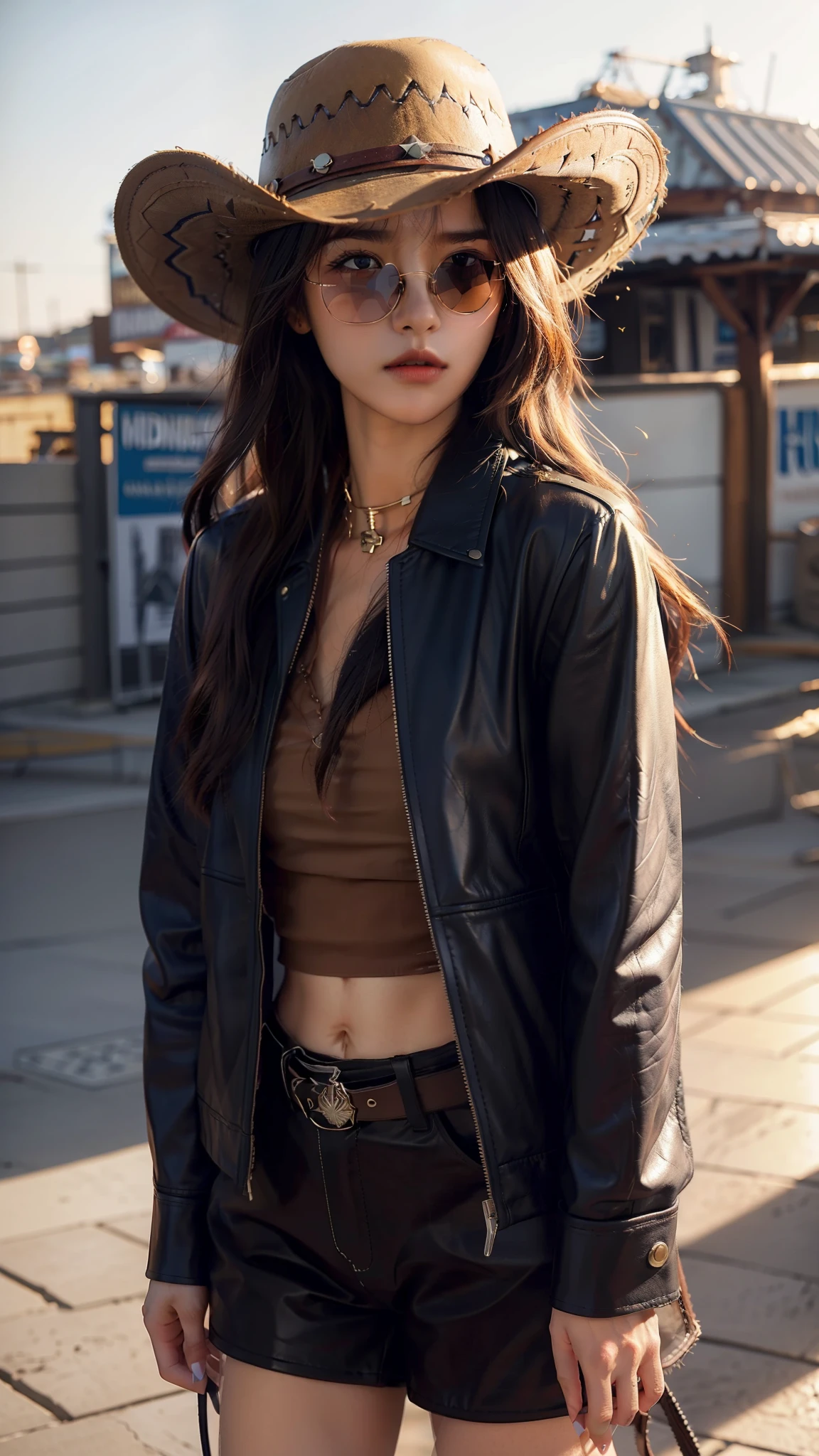 4k hltra hd, mastermiece, best quality, a girl, good face, sun glasses, detailed lips, long hair, strait hair, wearing cowboy outfit, blue leather jacket, cowboy hat, blurred background, morning, whole body capture,